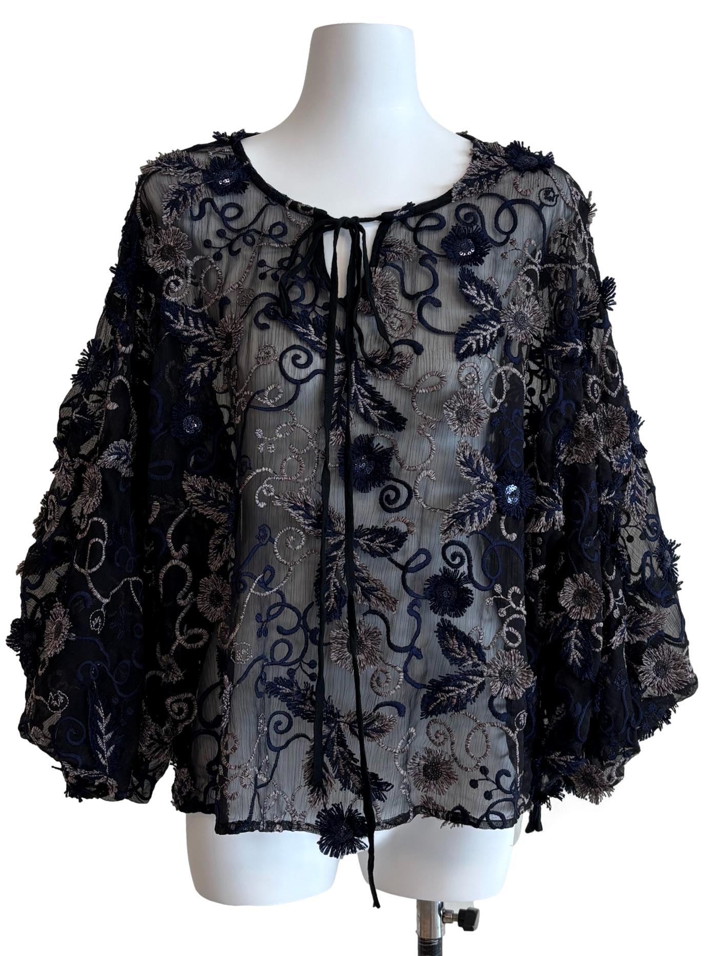 Midnight Black And Blue Sheer Embroidered Lace Top