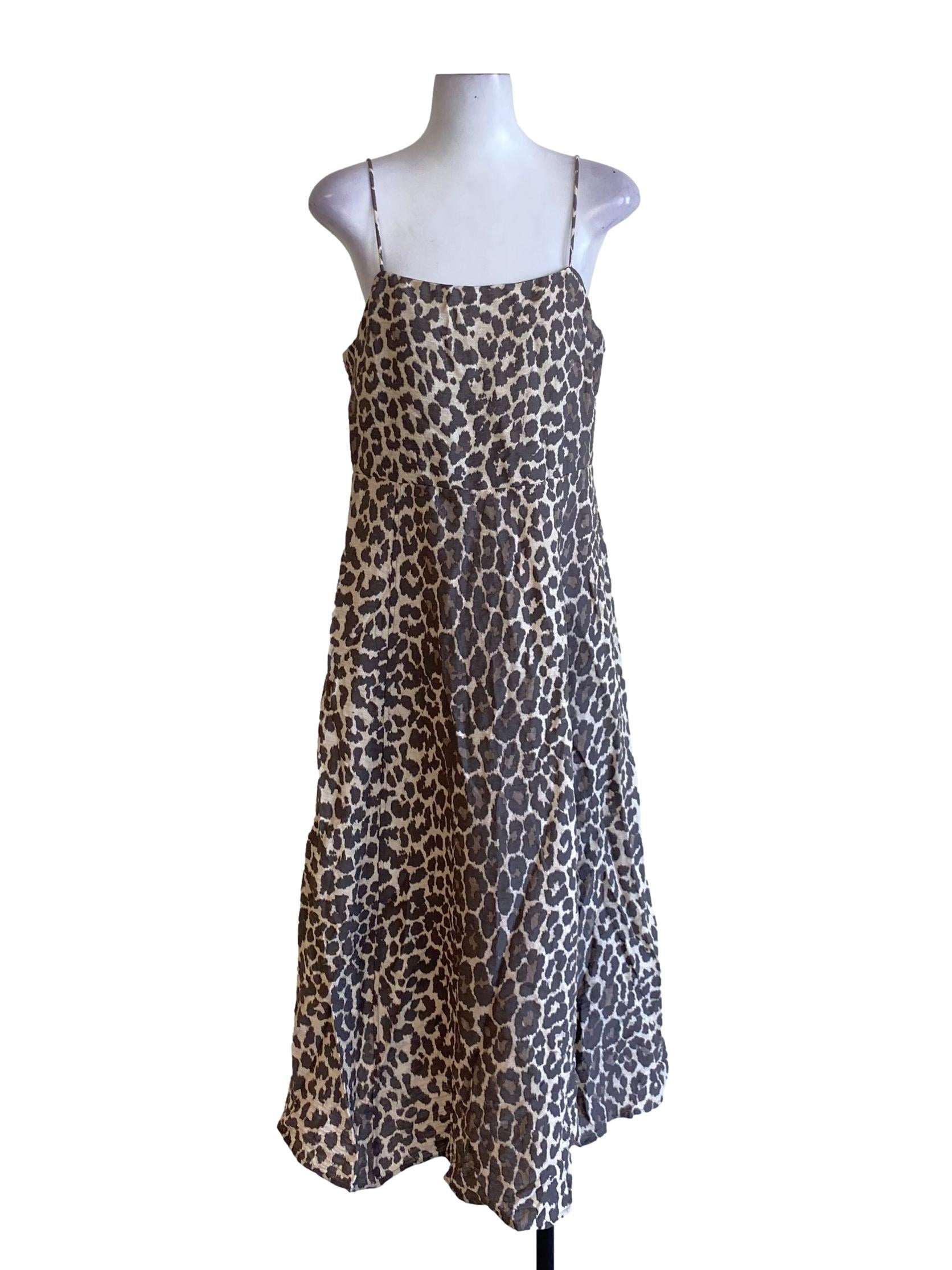 Cedar Brown Leopard Print Spaghetti Strap Loose A-Line Dress