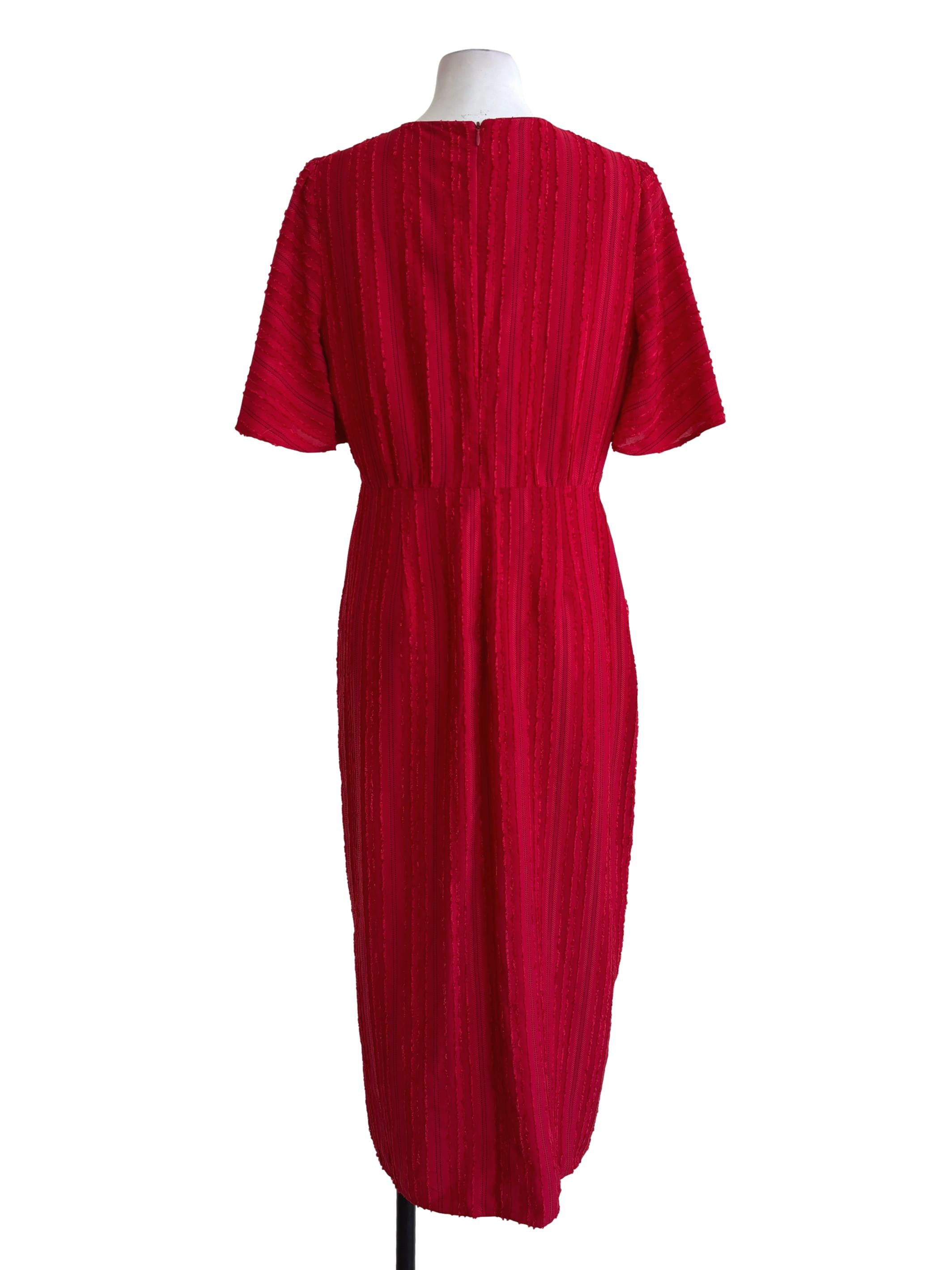 Red V-Neck Textured Pencil Dress LB