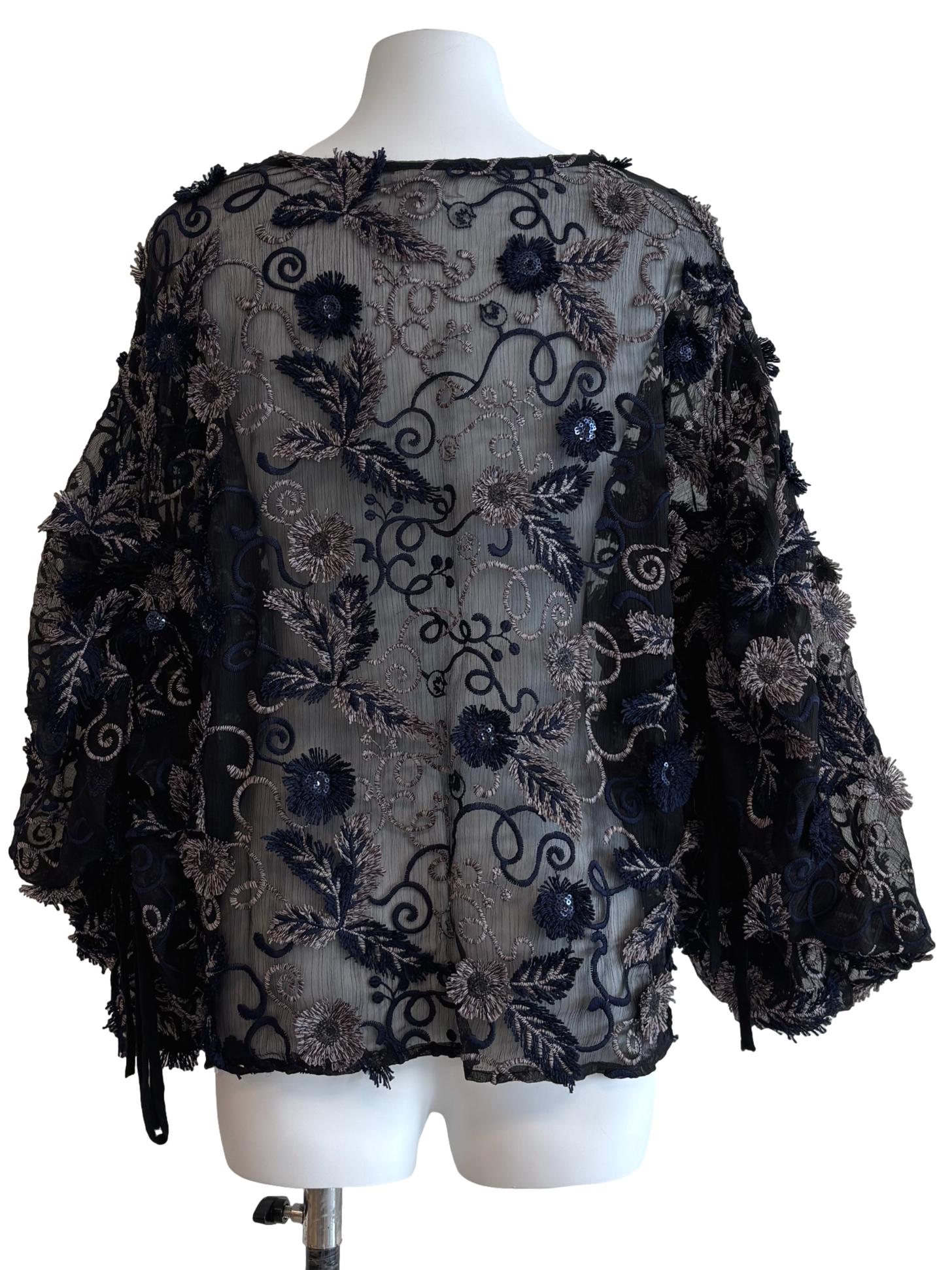 Midnight Black And Blue Sheer Embroidered Lace Top