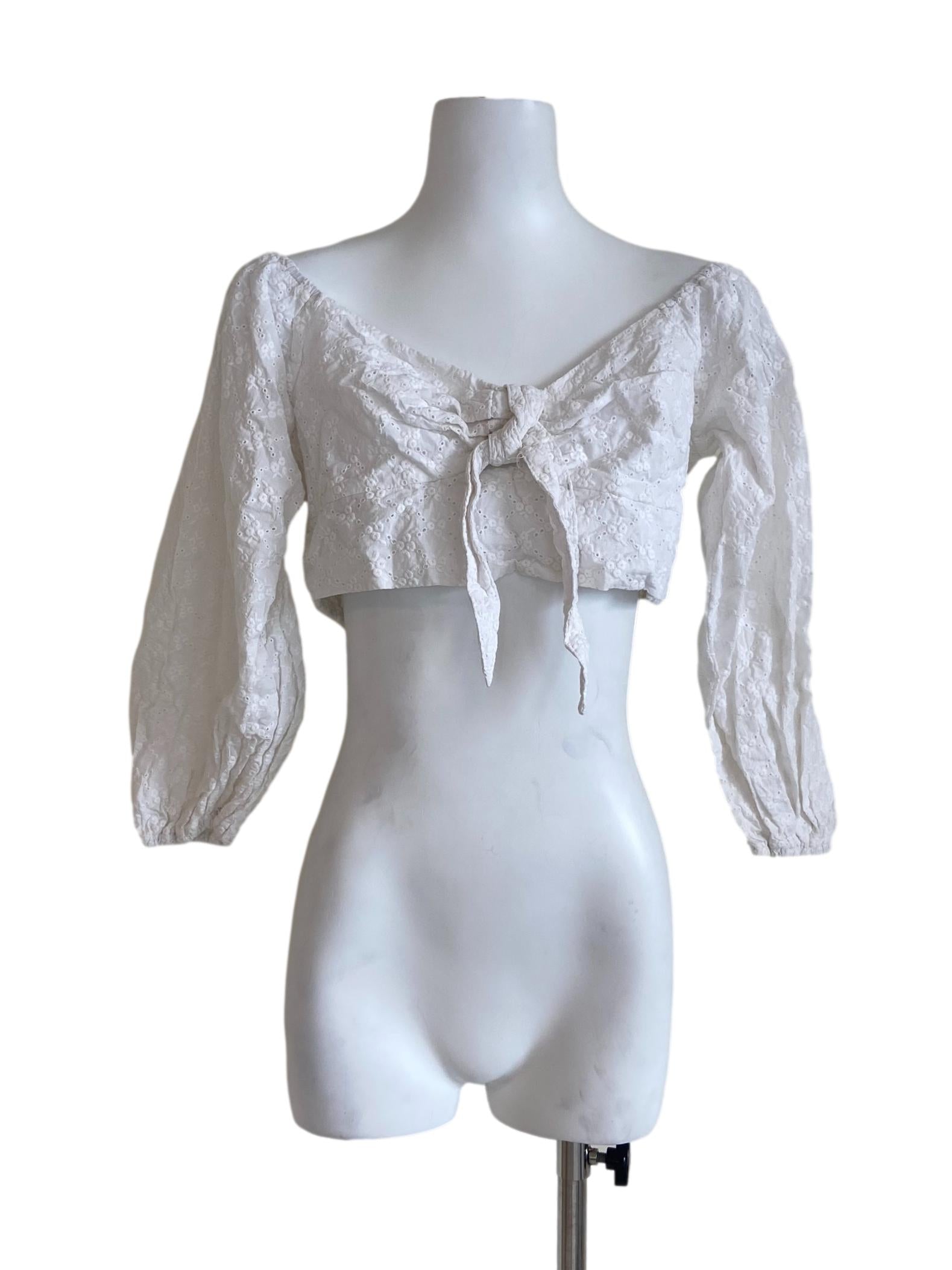White Embroidery Front Knot Crop Top