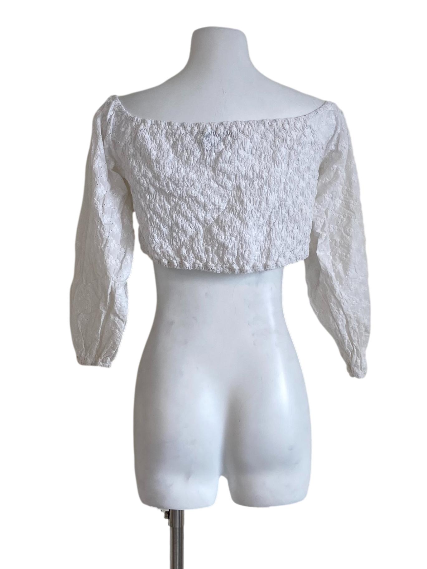 White Embroidery Front Knot Crop Top