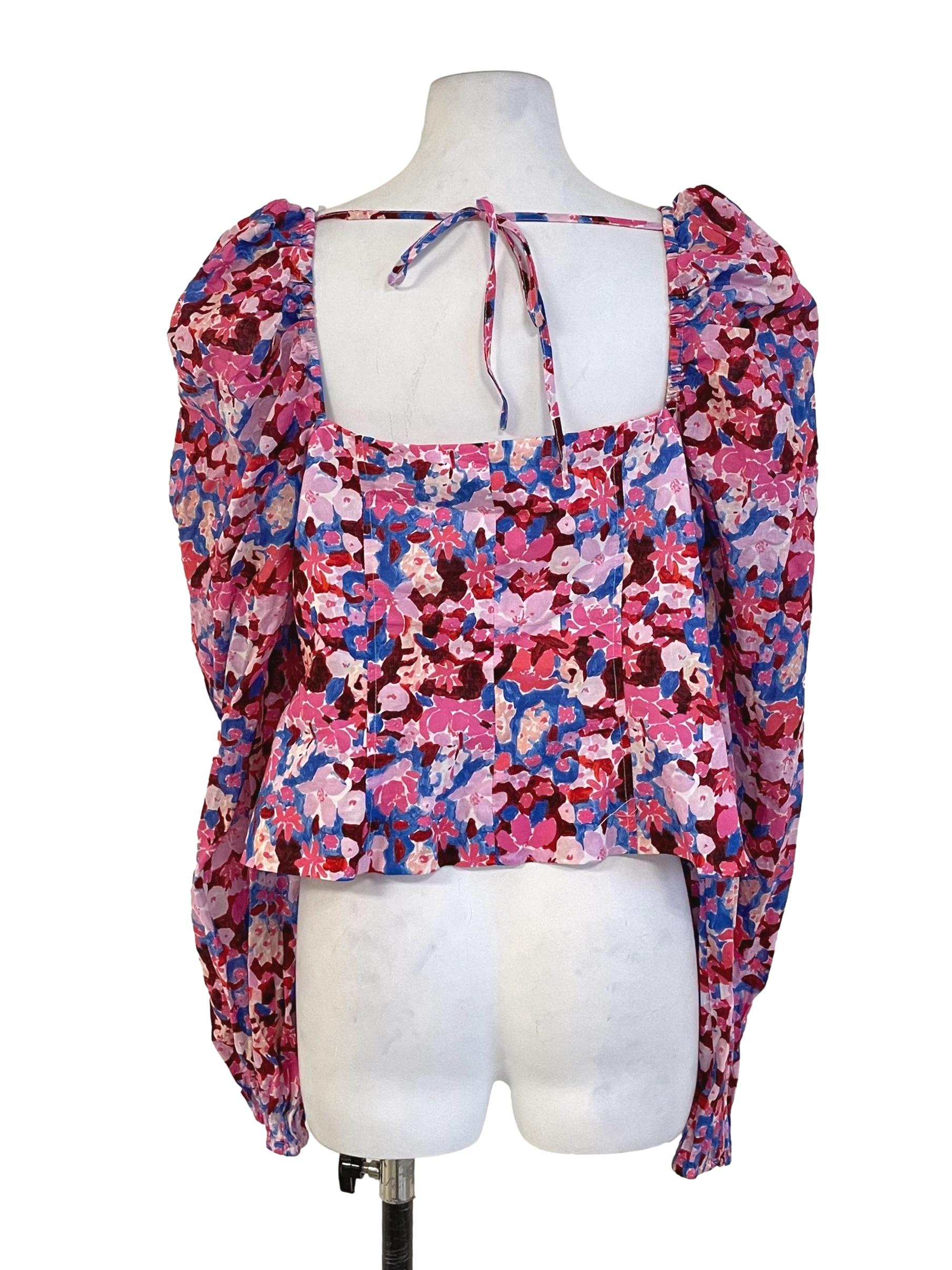 Hot Pink Floral Puff Sleeves Crop Top