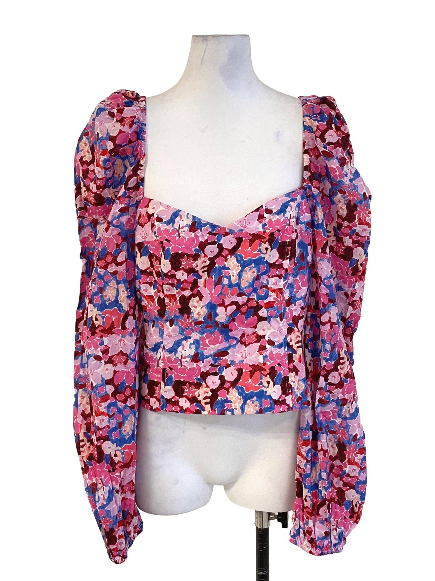 Hot Pink Floral Puff Sleeves Crop Top