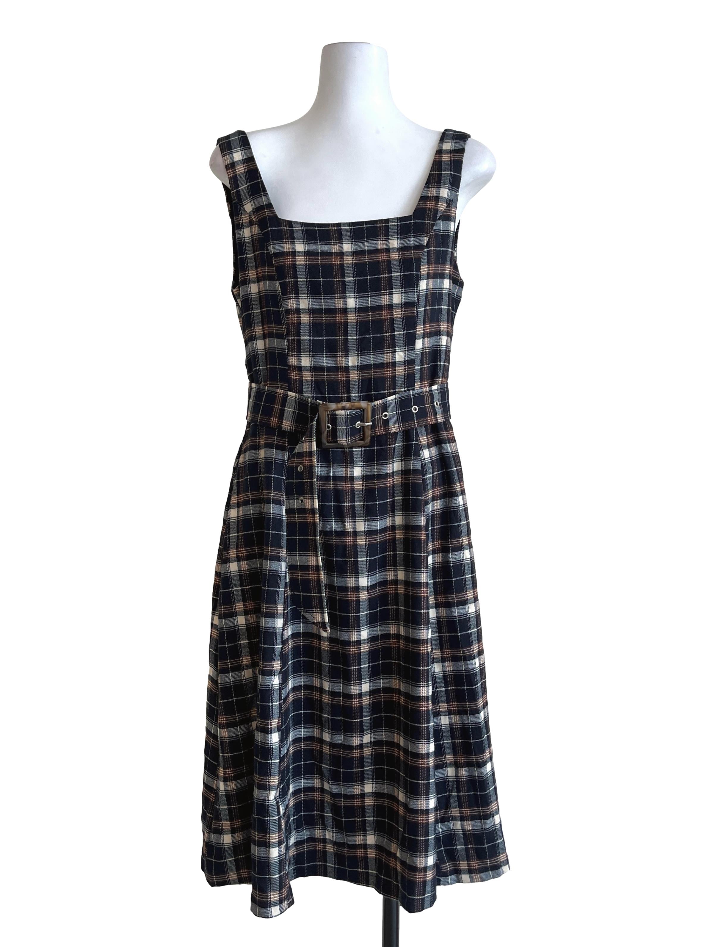 Denim Blue Checkered Square A-Line Dress