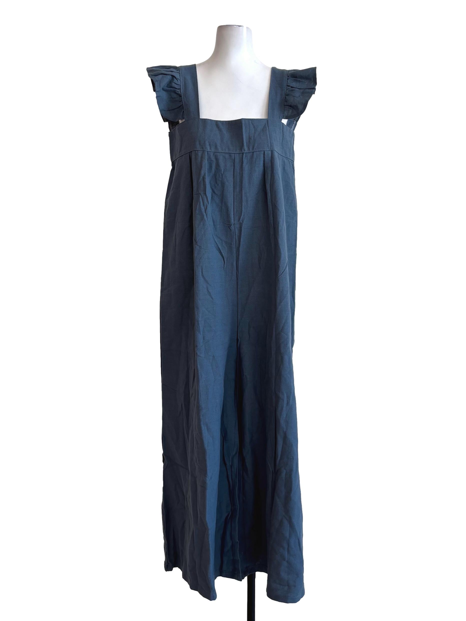 Lapis Blue Ruffle Strap Cotton Long Rompers