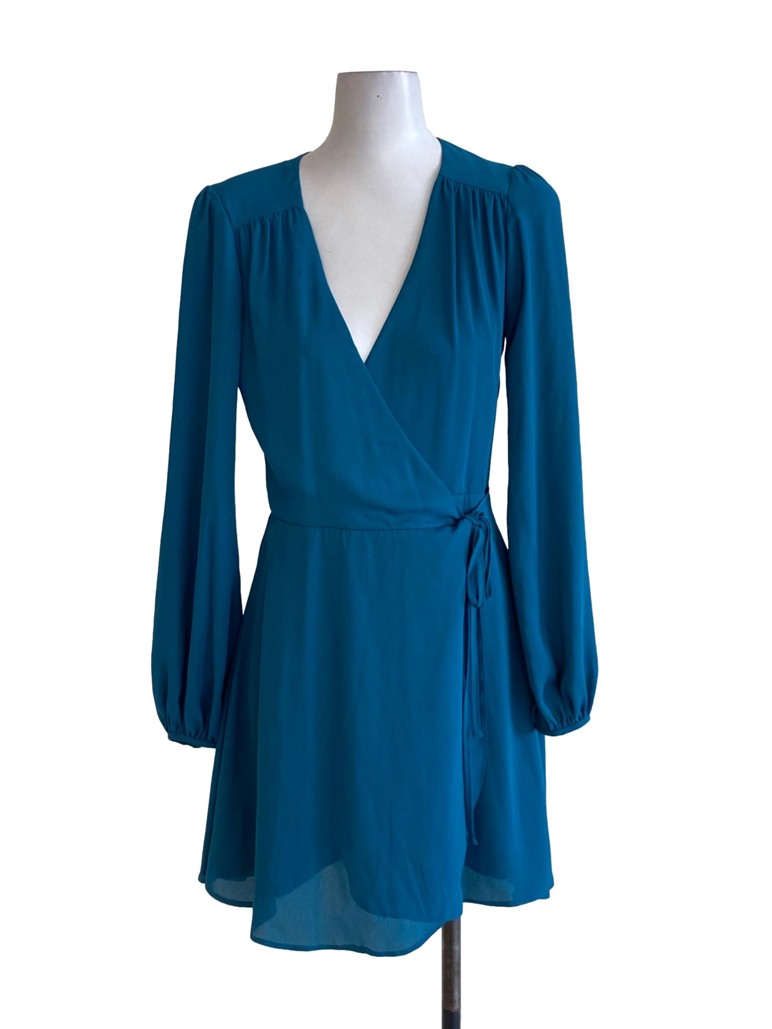 Ocean Blue V-Neck Flowy Peasant Wrap Dress