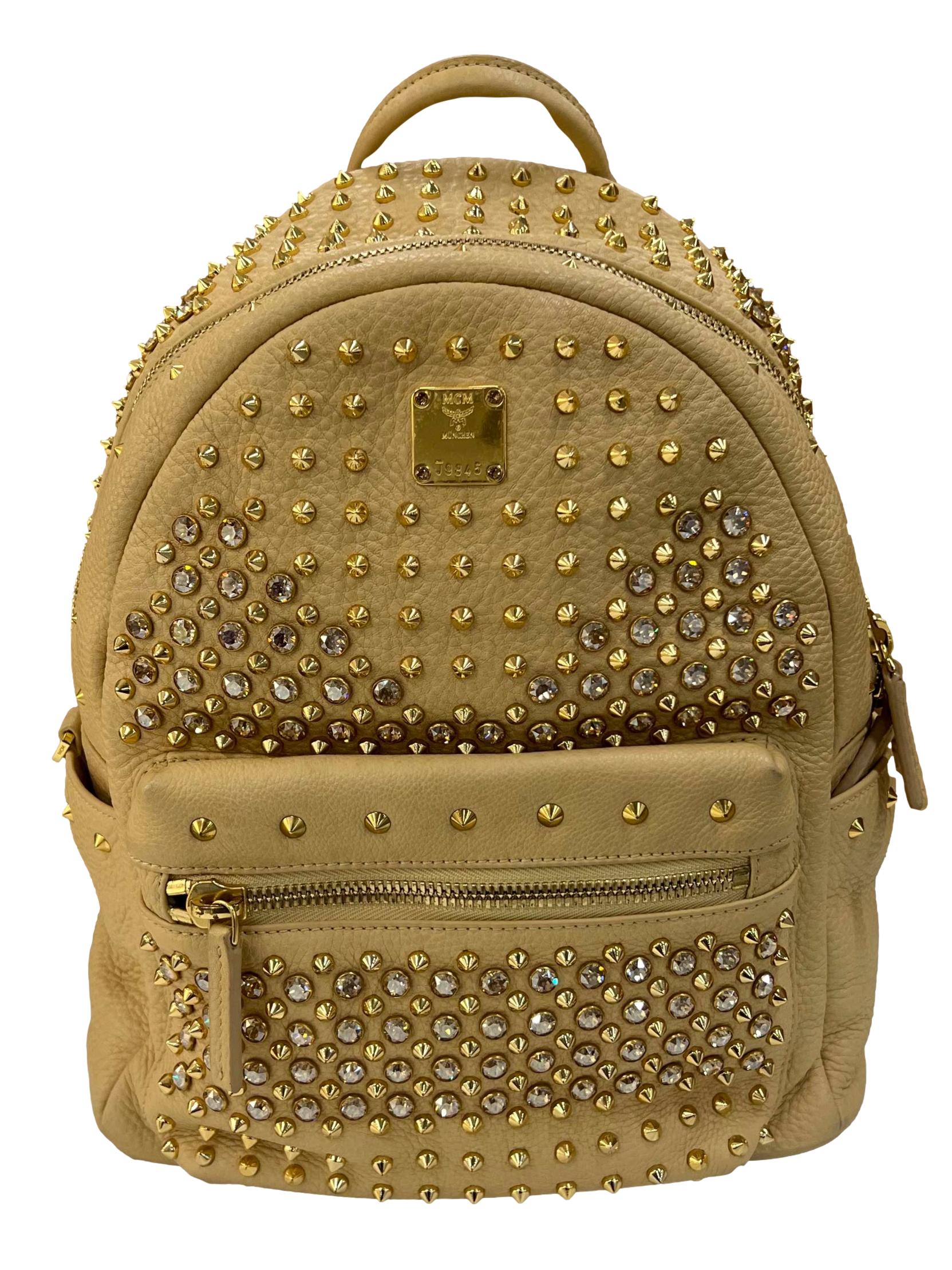 Beige Leather Mcm Studded Medium Backpack CSN*