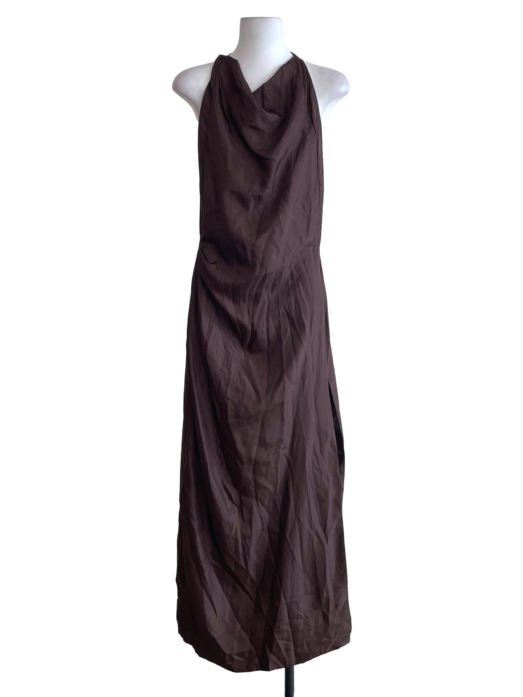 Wood Brown Satin Open Back Dress