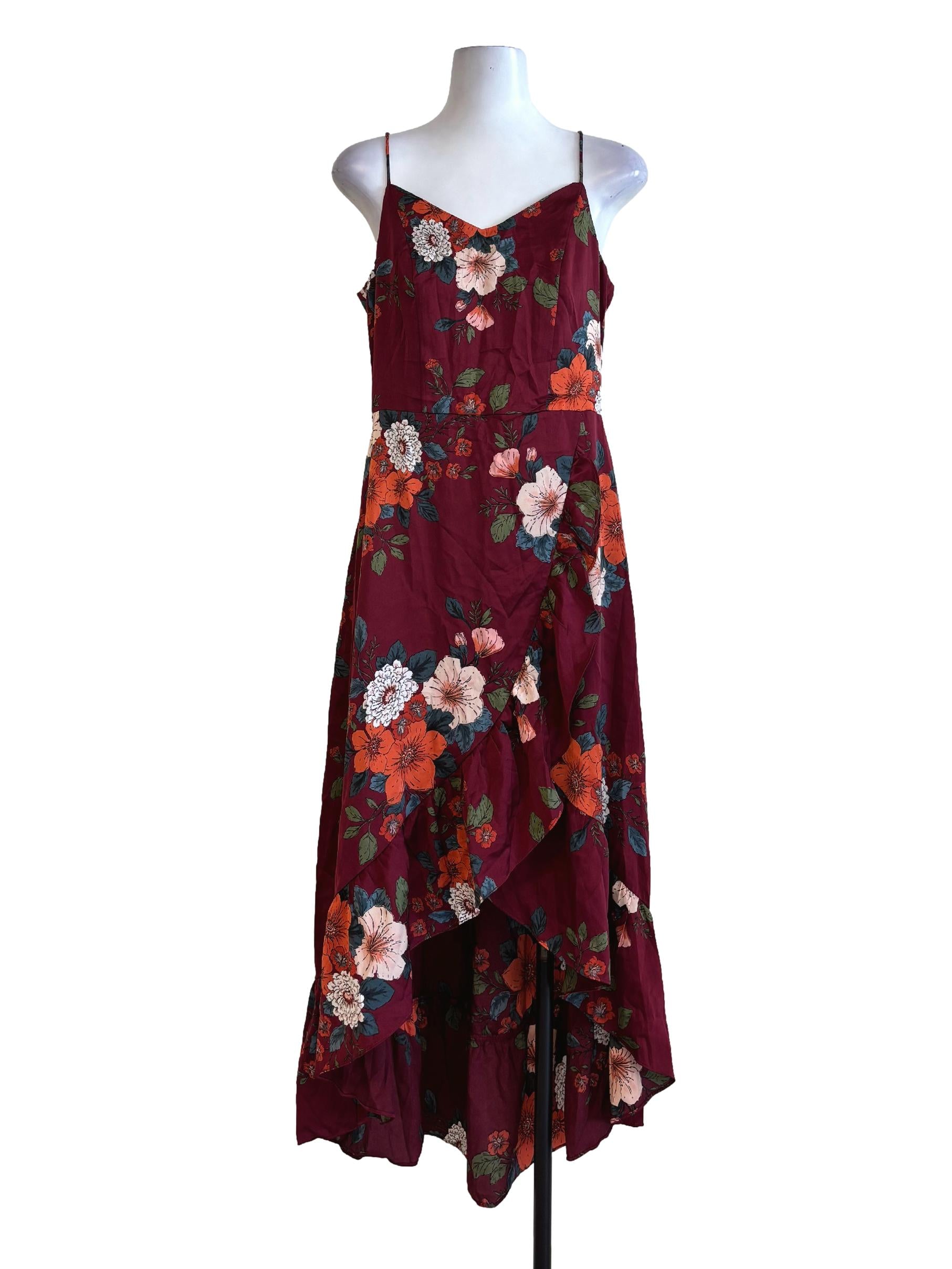 Maroon Floral Silk Flowy Dress