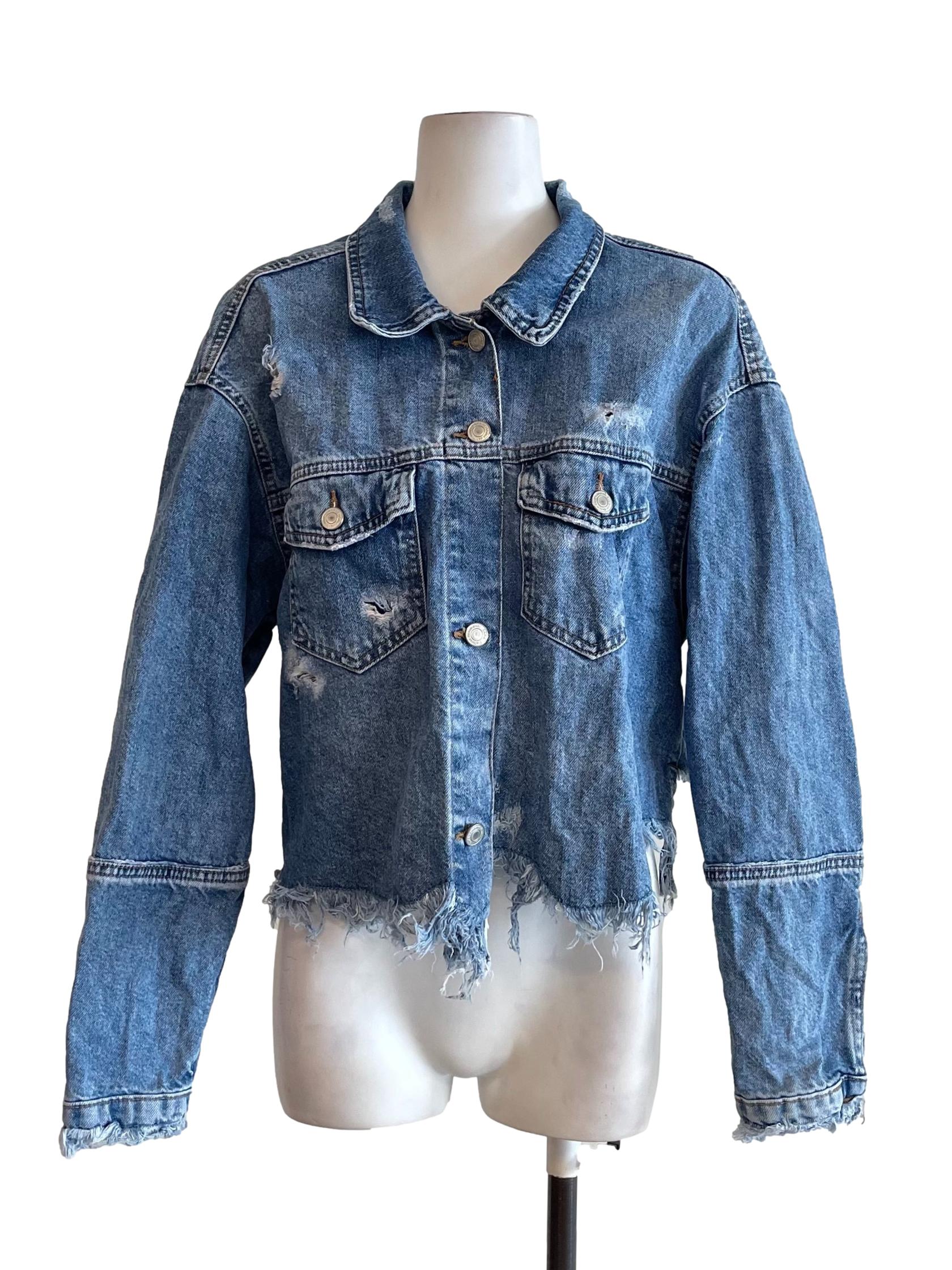 Blue Ripped Boxy Denim Jacket