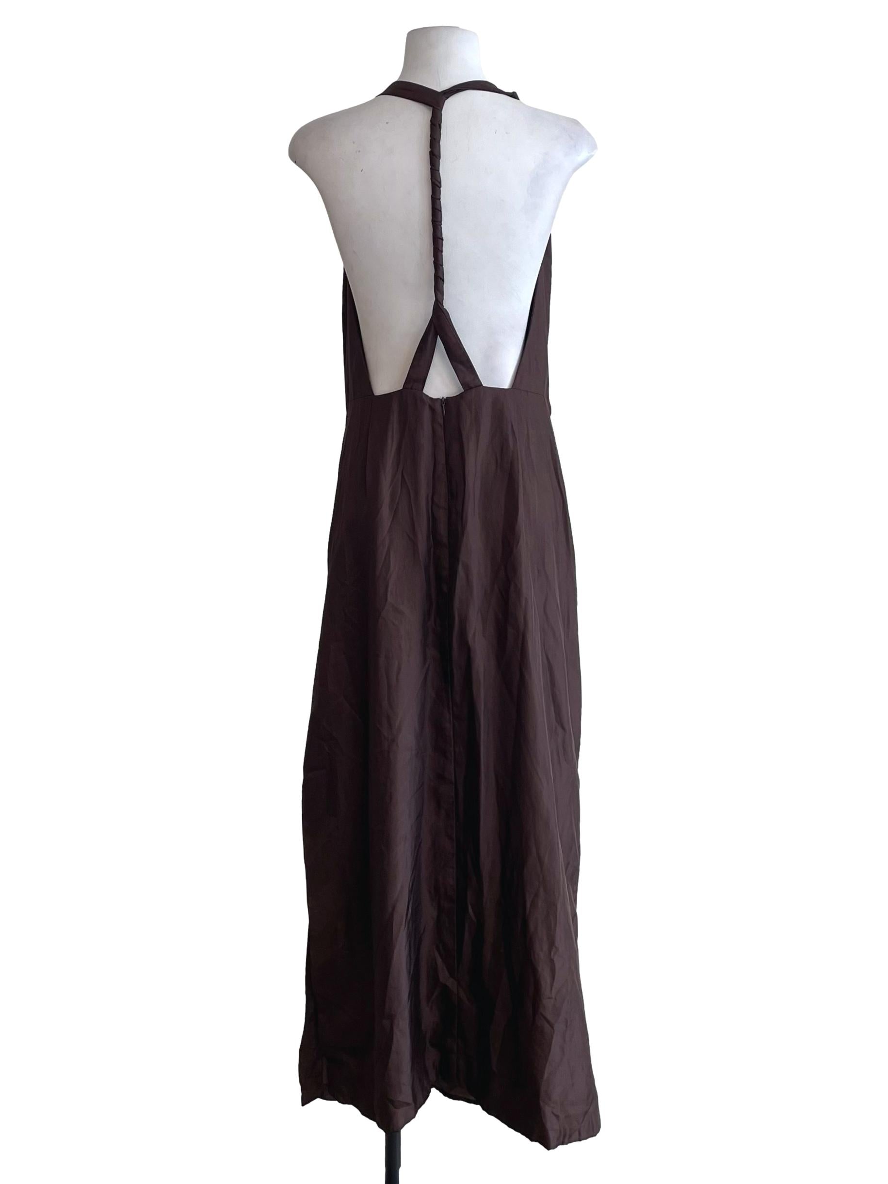 Wood Brown Satin Open Back Dress