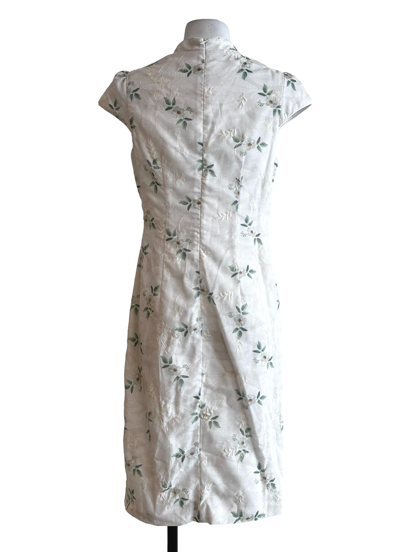 White Flower Pattern Cheongsam Dress