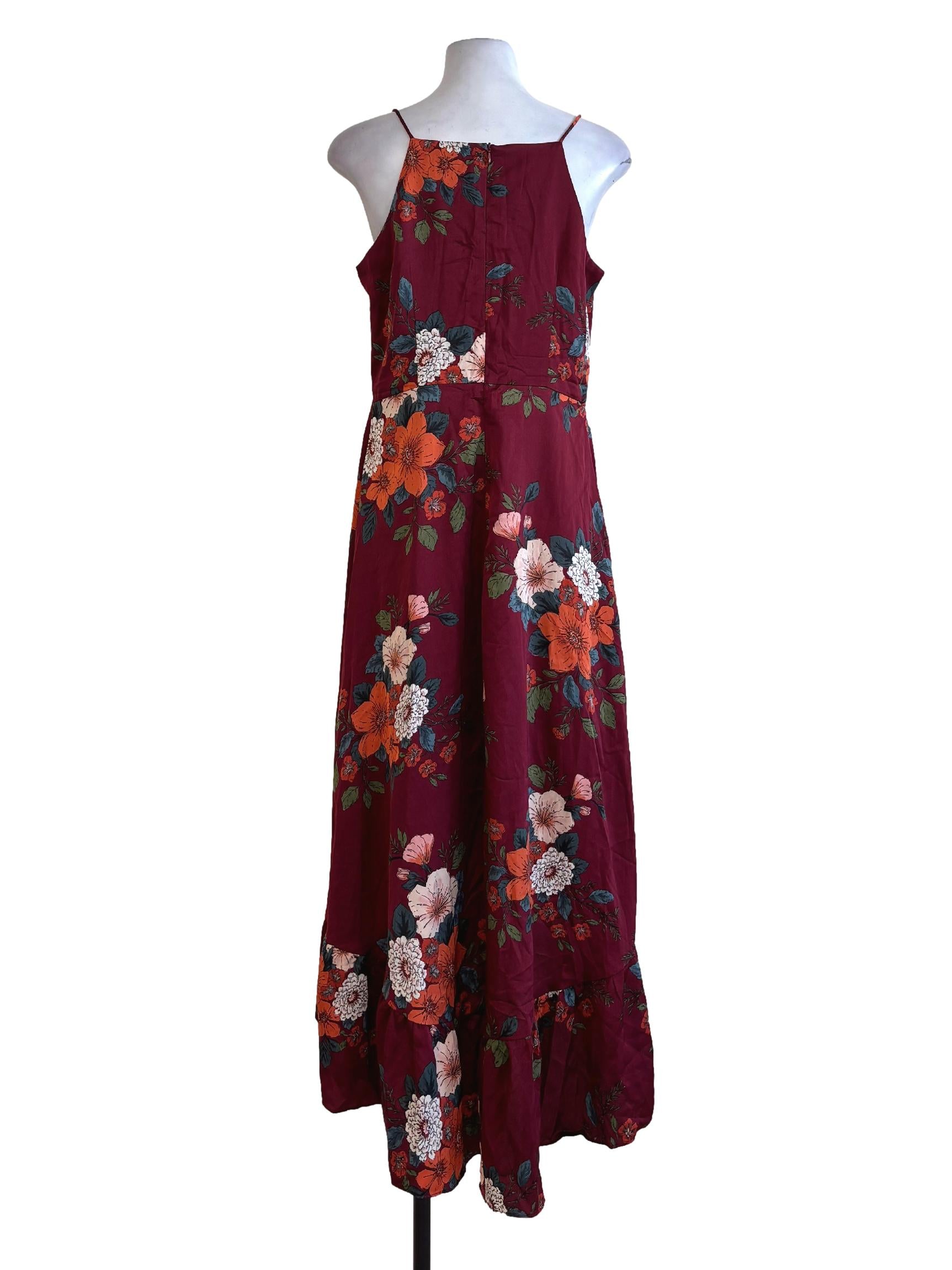 Maroon Floral Silk Flowy Dress