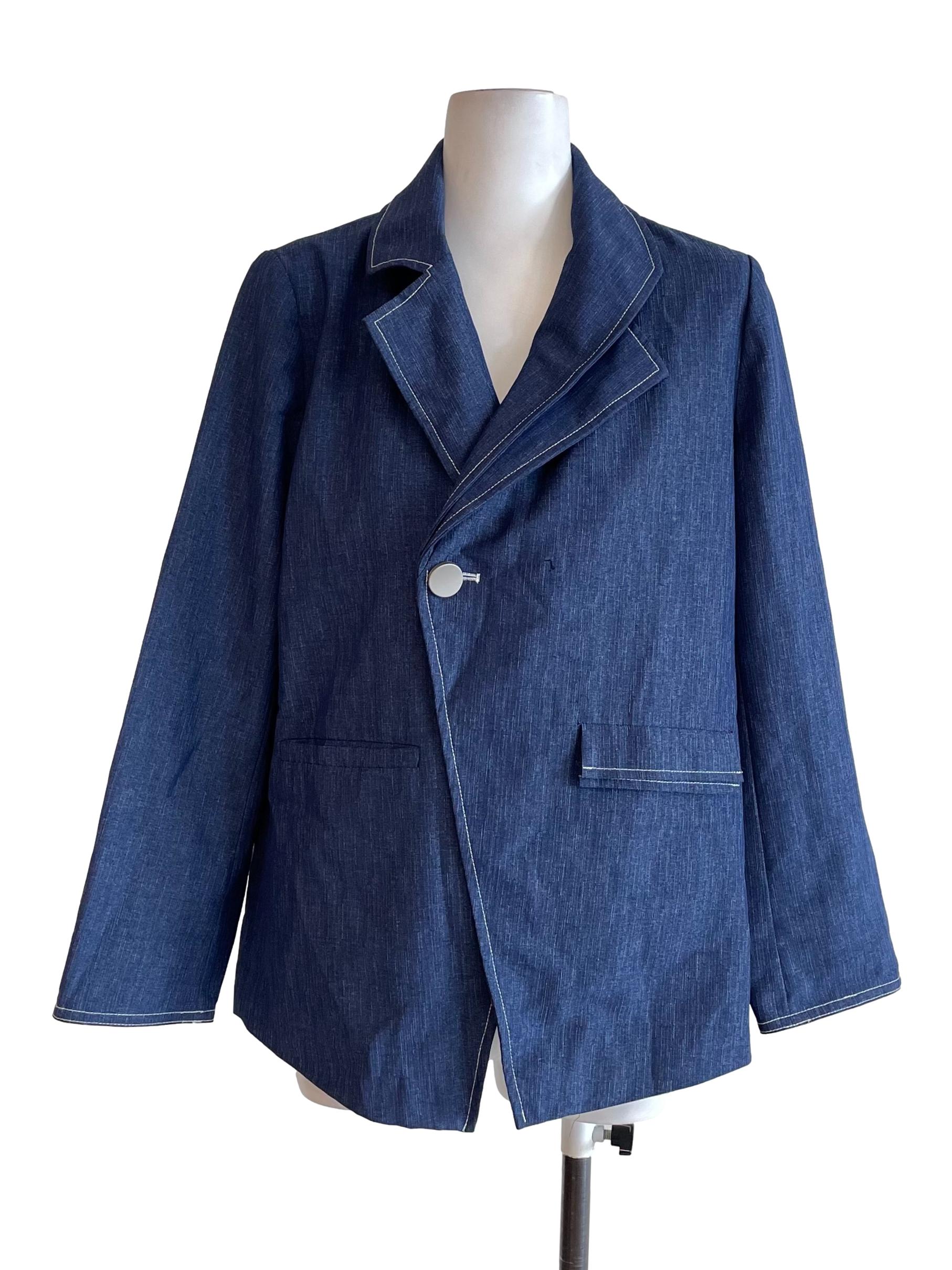 Blue Contrast Stitch One Button Blazer