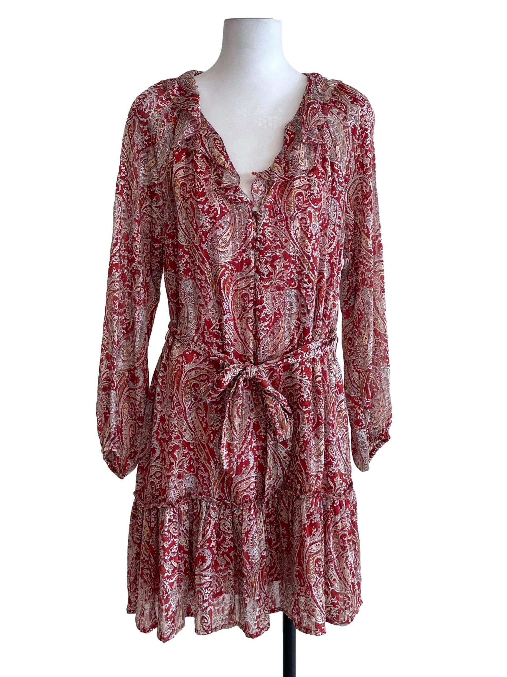 Red Paisley Ruffled Chiffon Dress