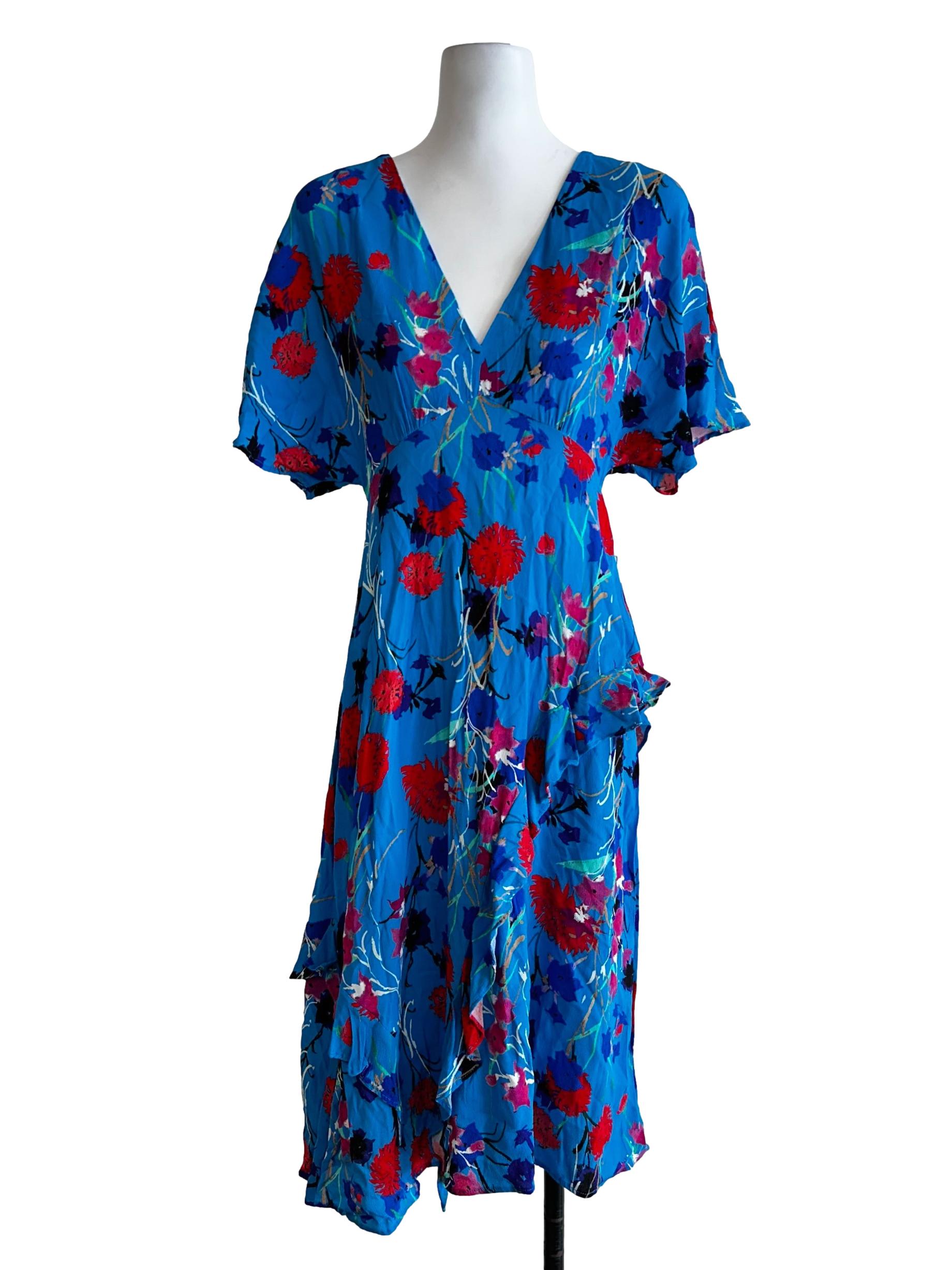 Blue Flower Pattern V Neckline Midi Dress
