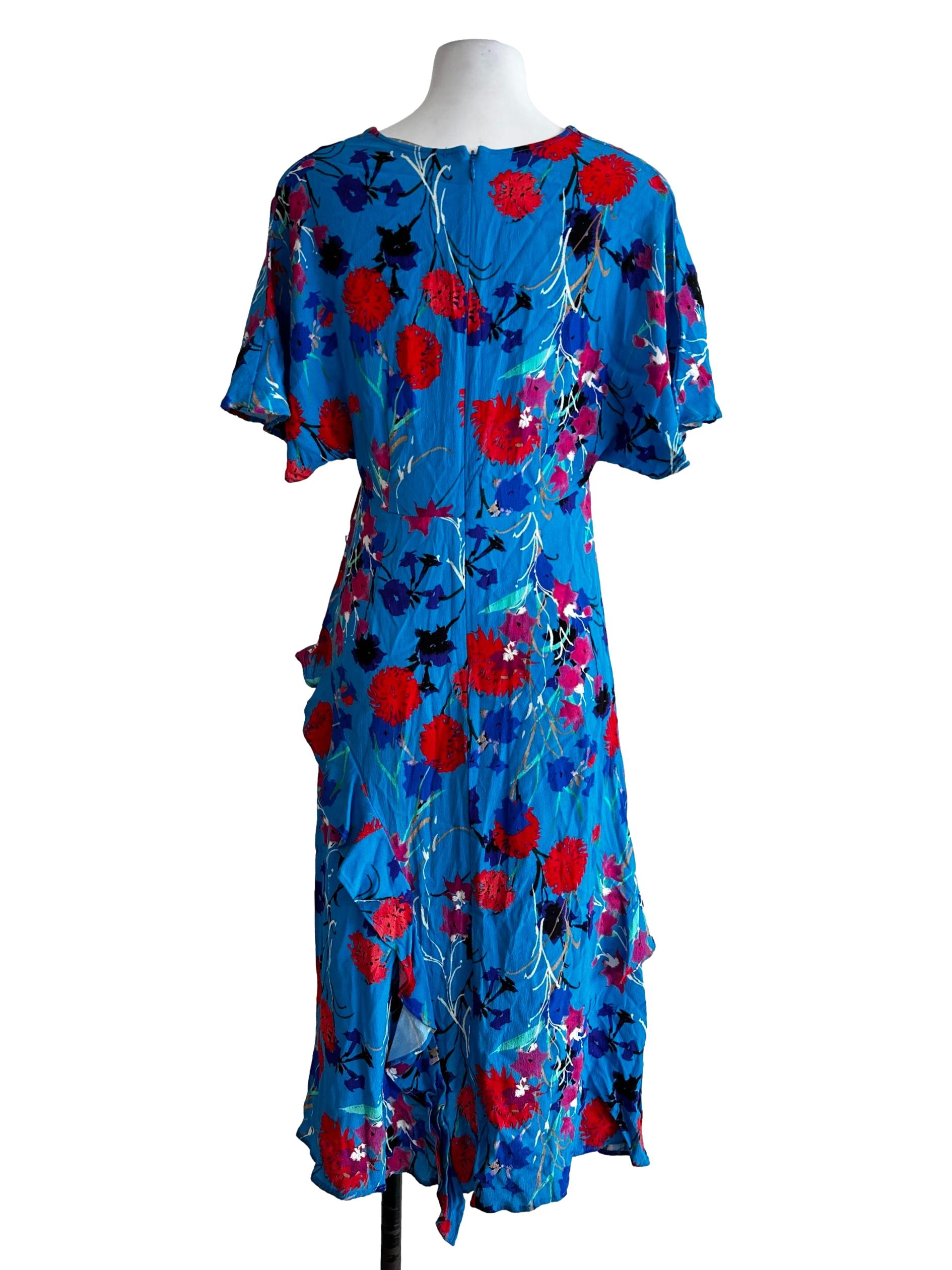 Blue Flower Pattern V Neckline Midi Dress