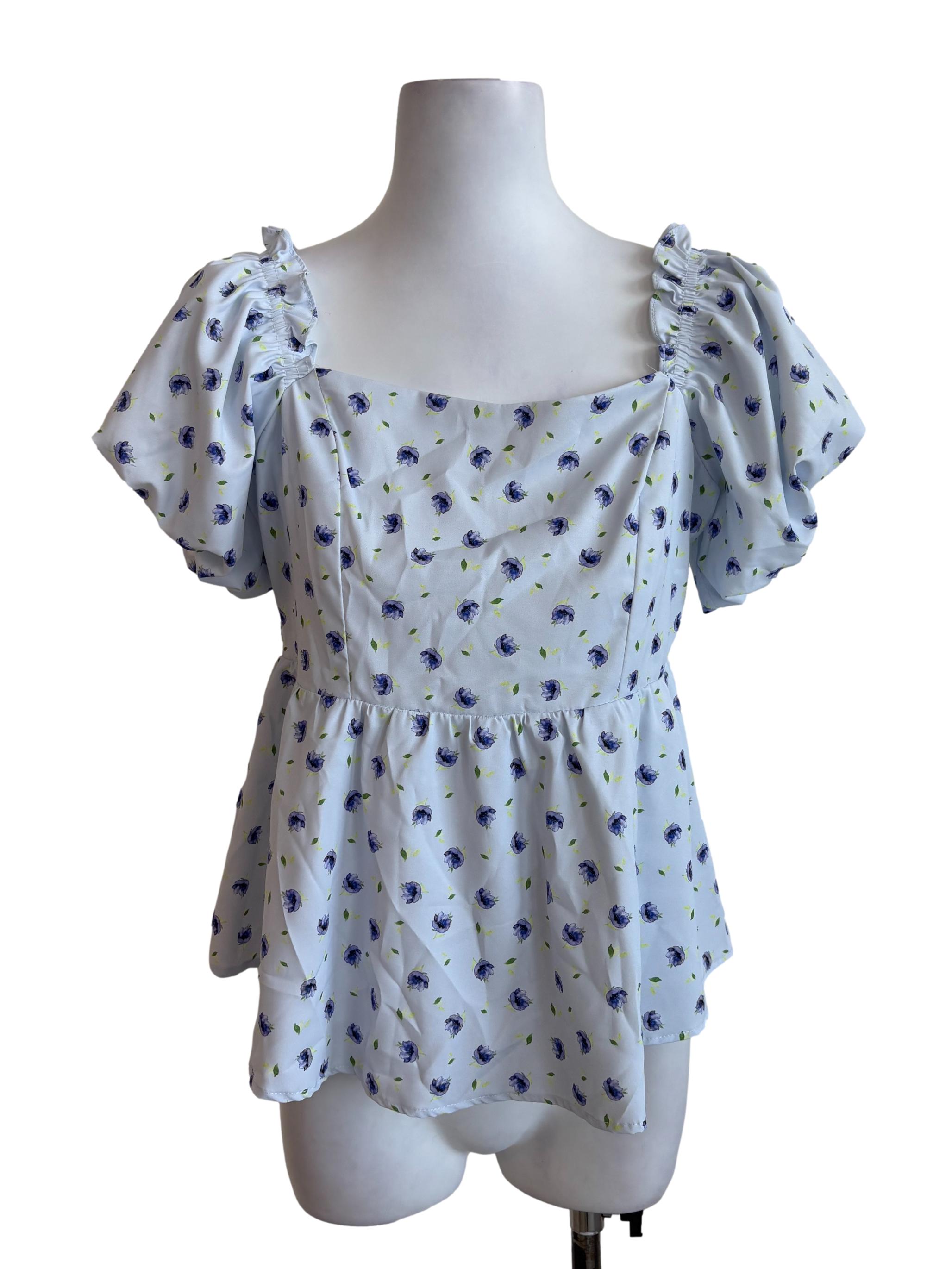 Periwinkle Blue Floral Print Puffy Sleeves Top