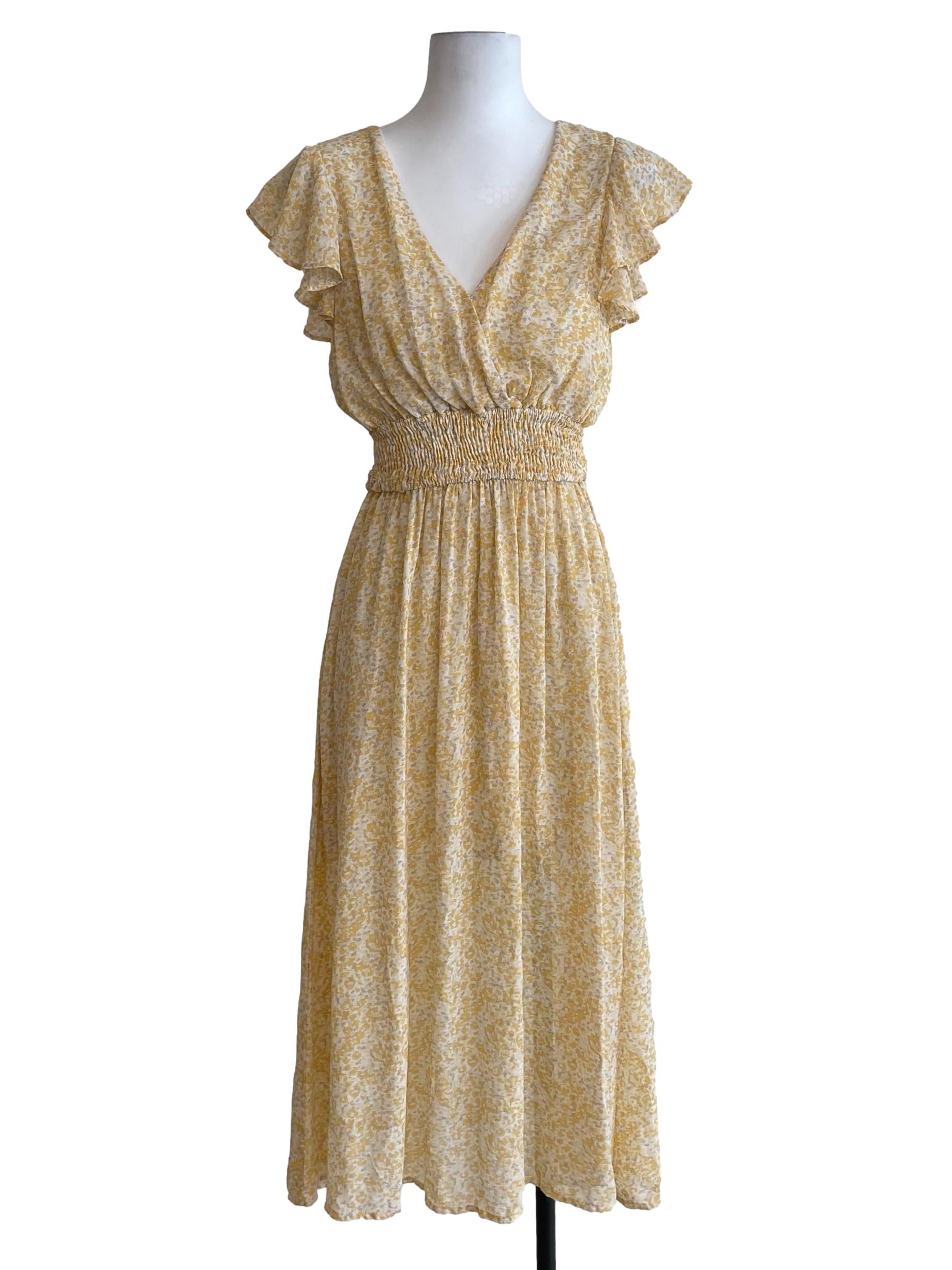 Yellow Butterfly Sleeves Shirred Dress
