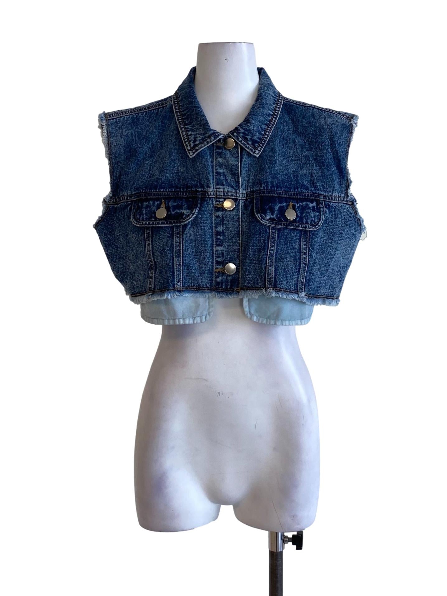 Denim Blue Buttoned Down Drop Shoulder Cropped Top