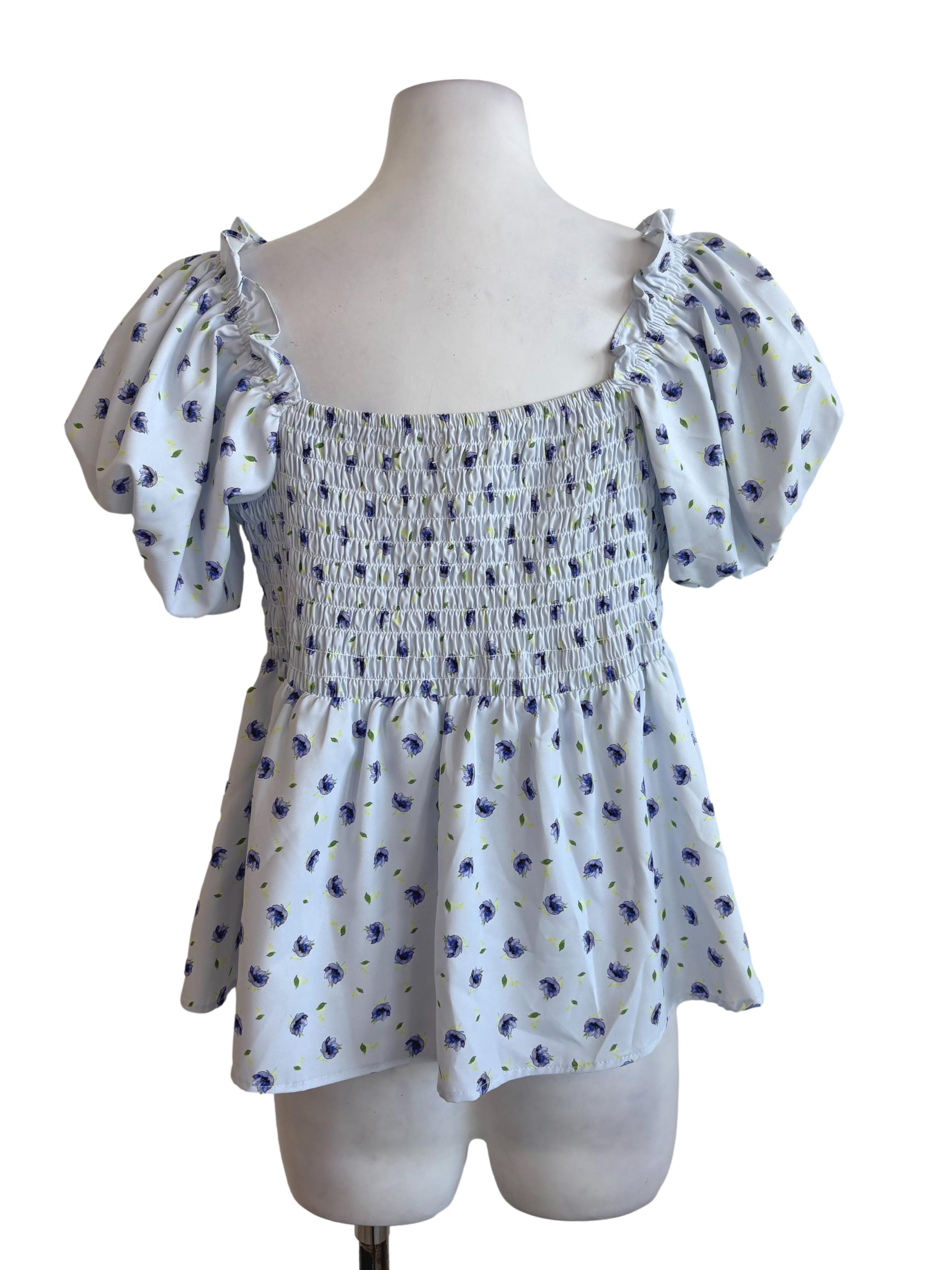 Periwinkle Blue Floral Print Puffy Sleeves Top