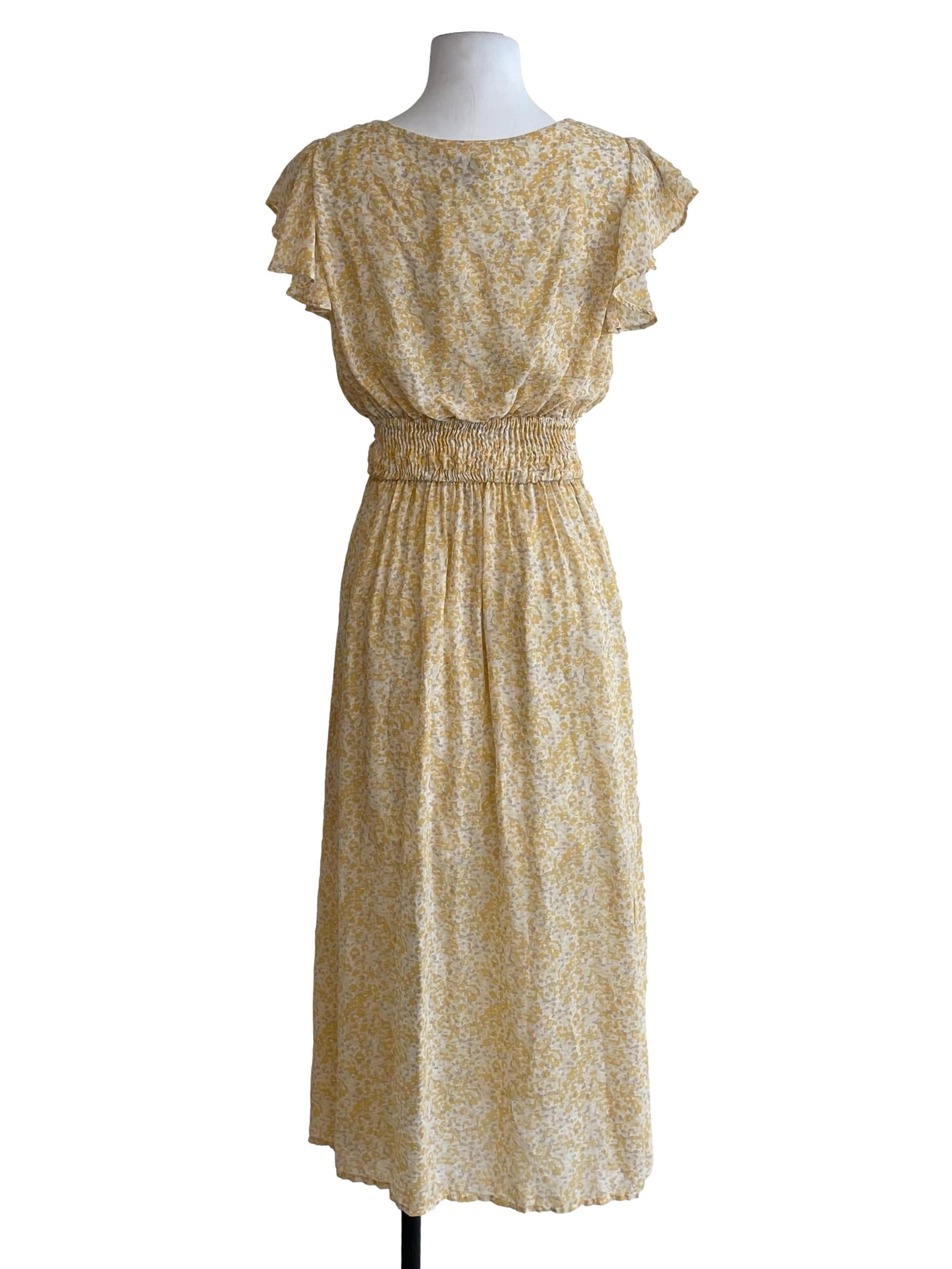 Yellow Butterfly Sleeves Shirred Dress