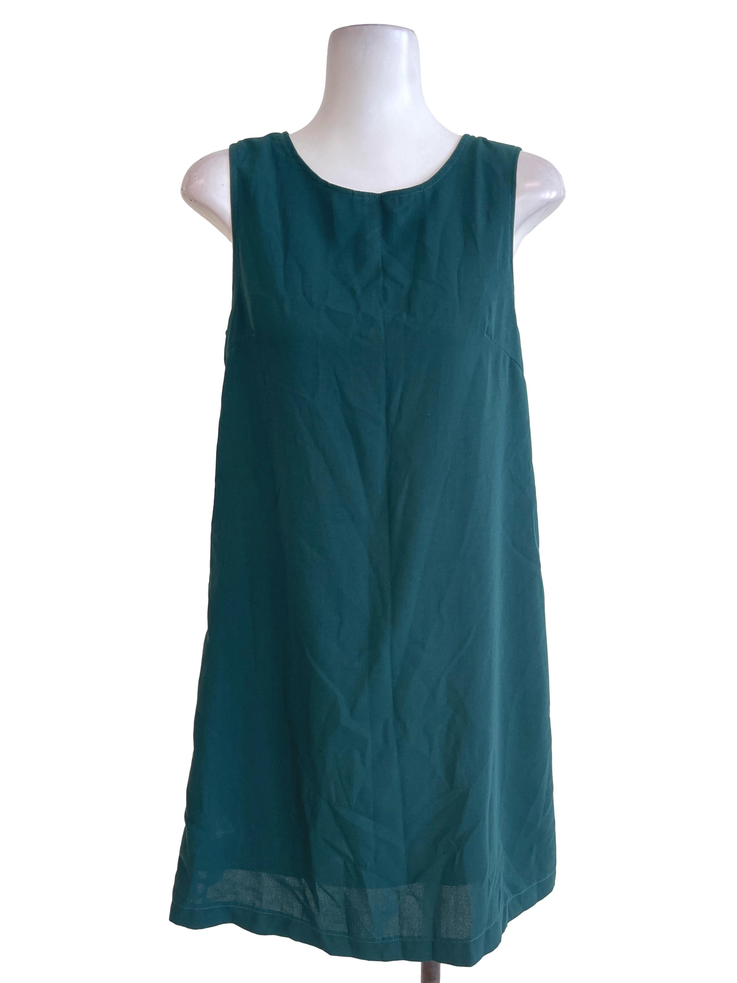 Green Back Button Plain Dress