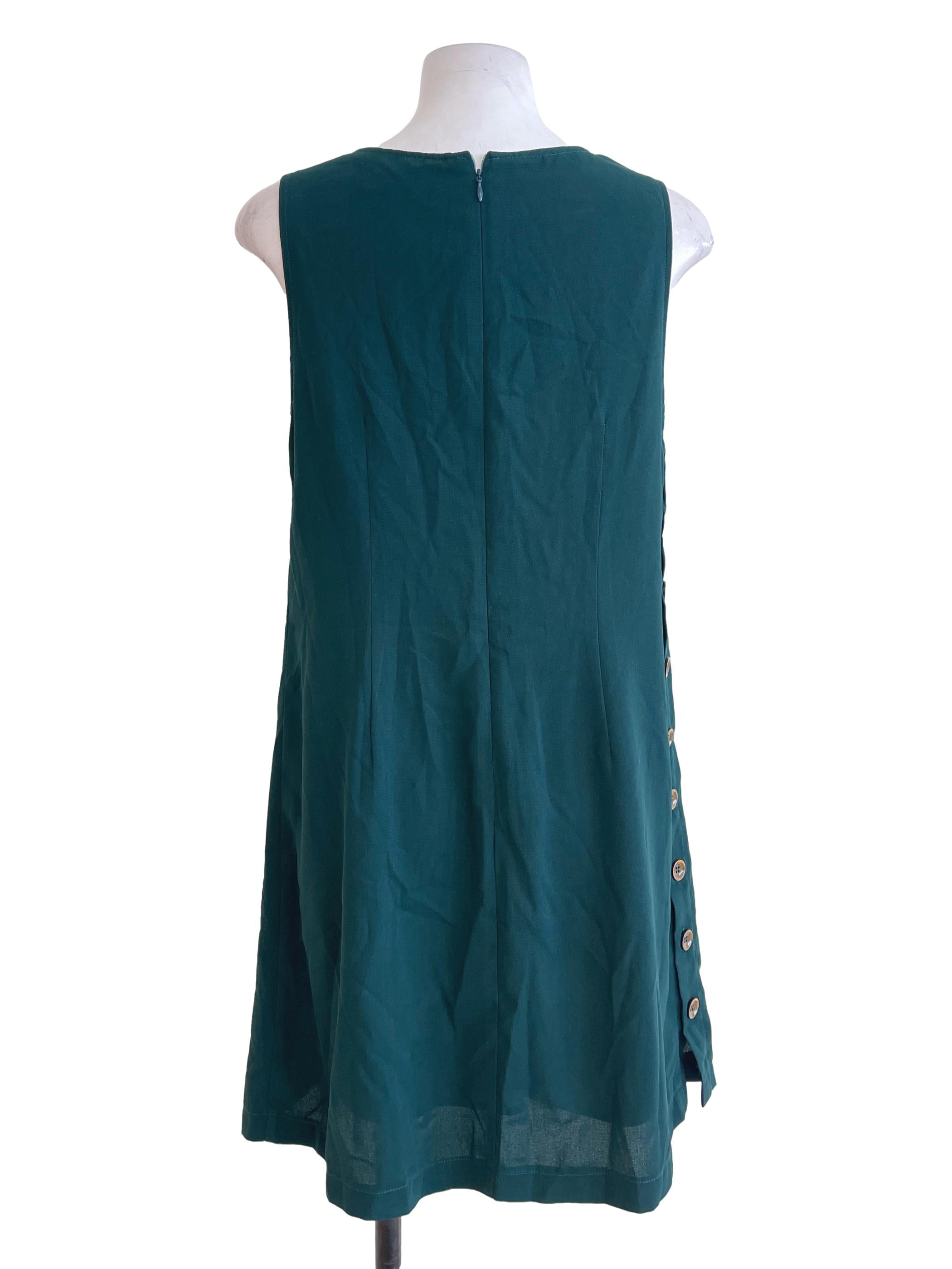 Green Back Button Plain Dress