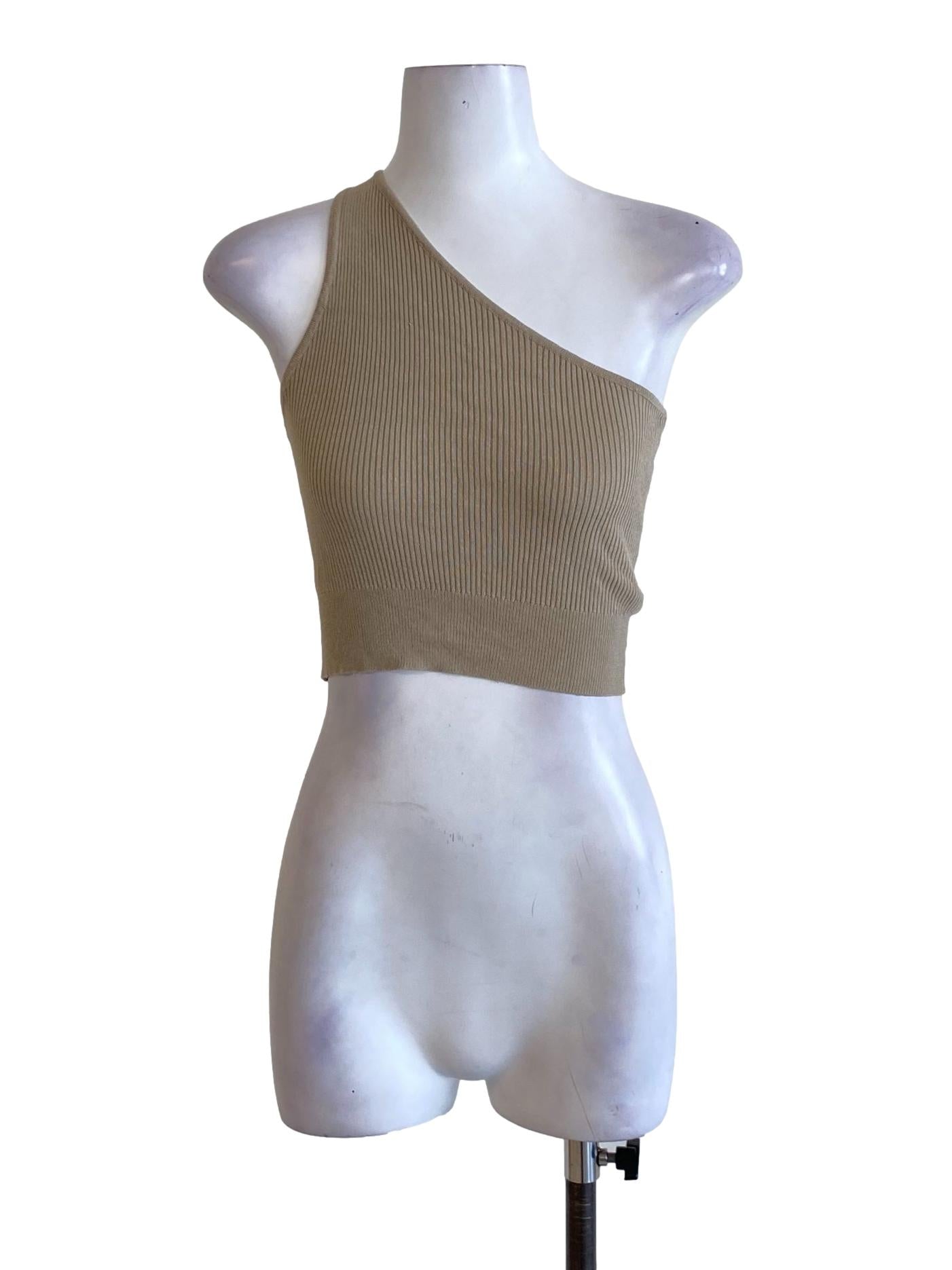Beige Brown One Shoulder Fit Knitted Cropped Top