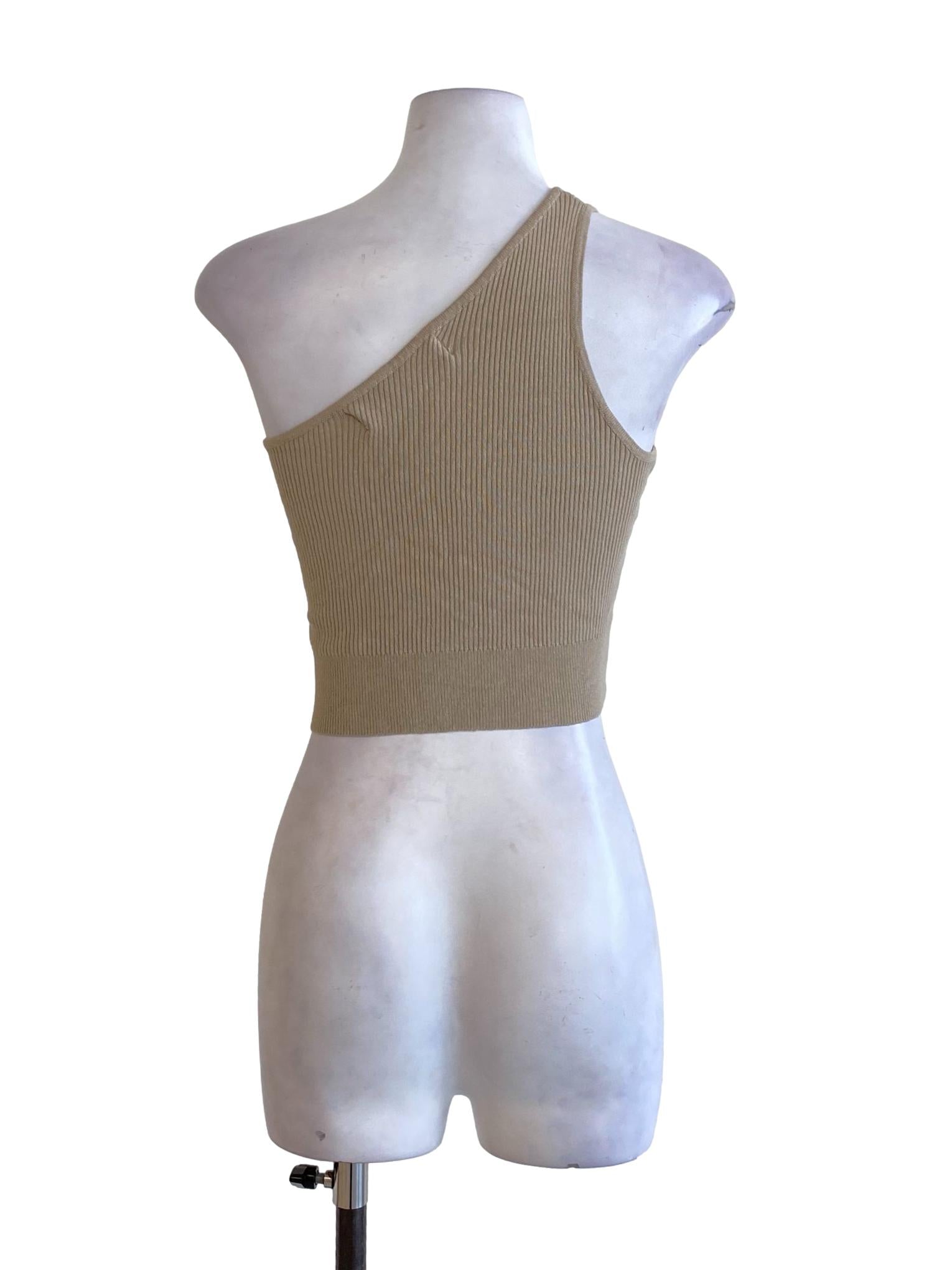 Beige Brown One Shoulder Fit Knitted Cropped Top