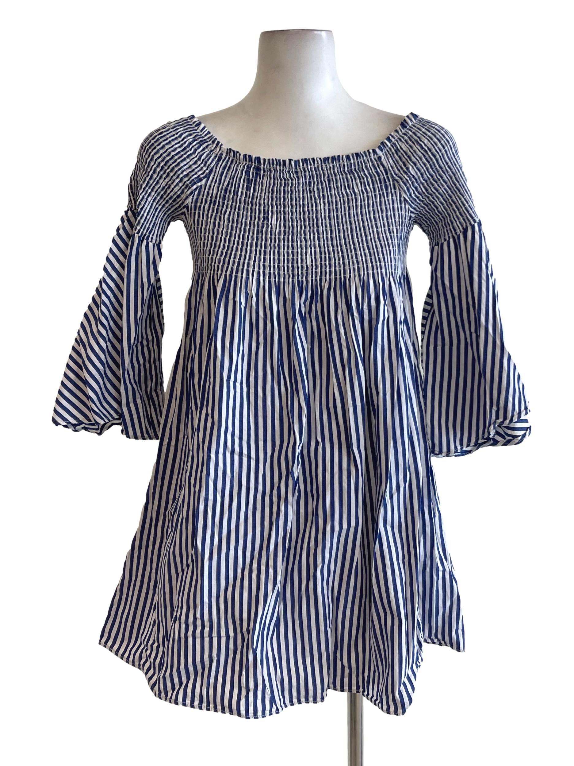 Navy Blue Awning Stripe Peasant Dress TEM