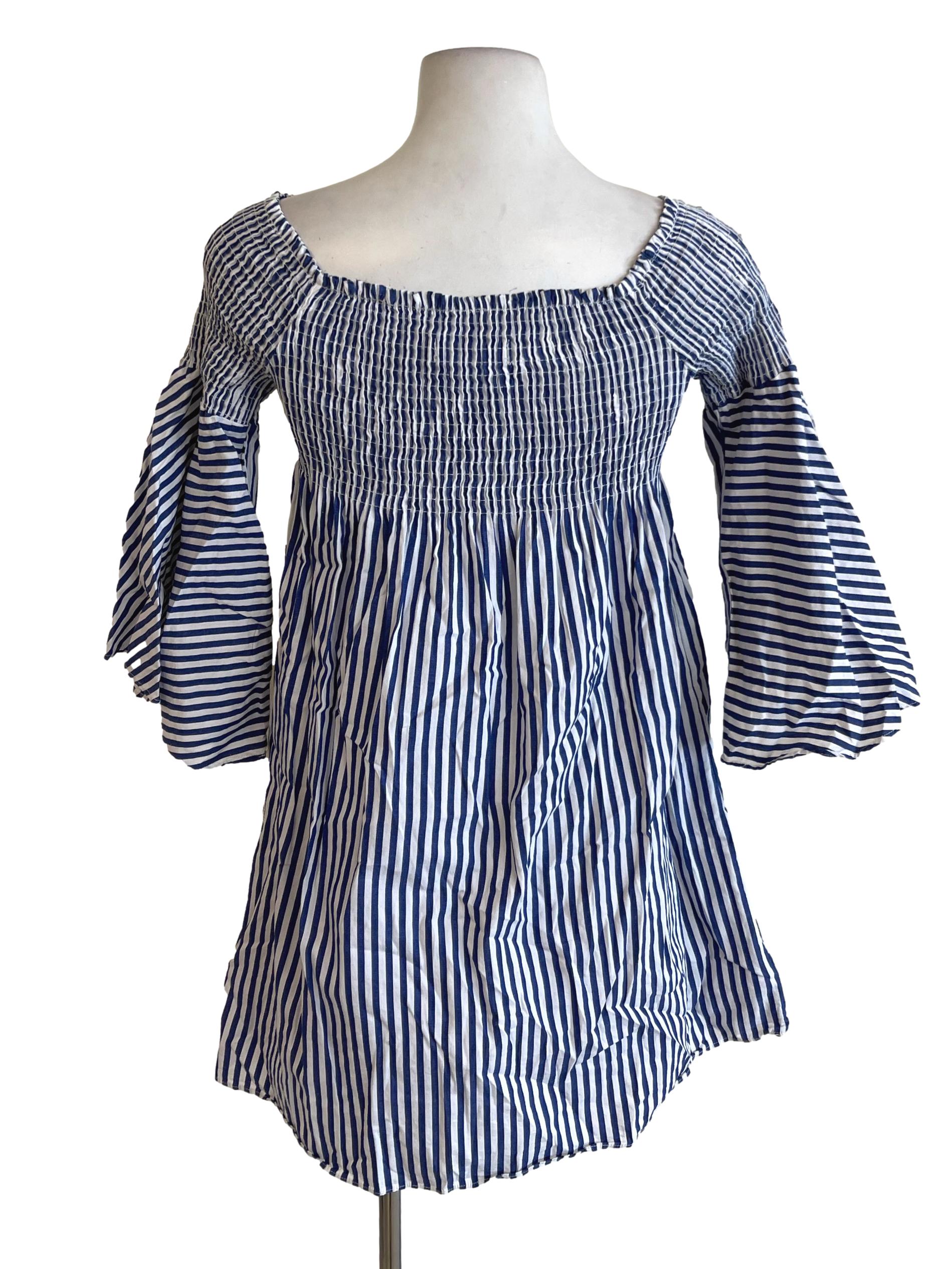 Navy Blue Awning Stripe Peasant Dress TEM