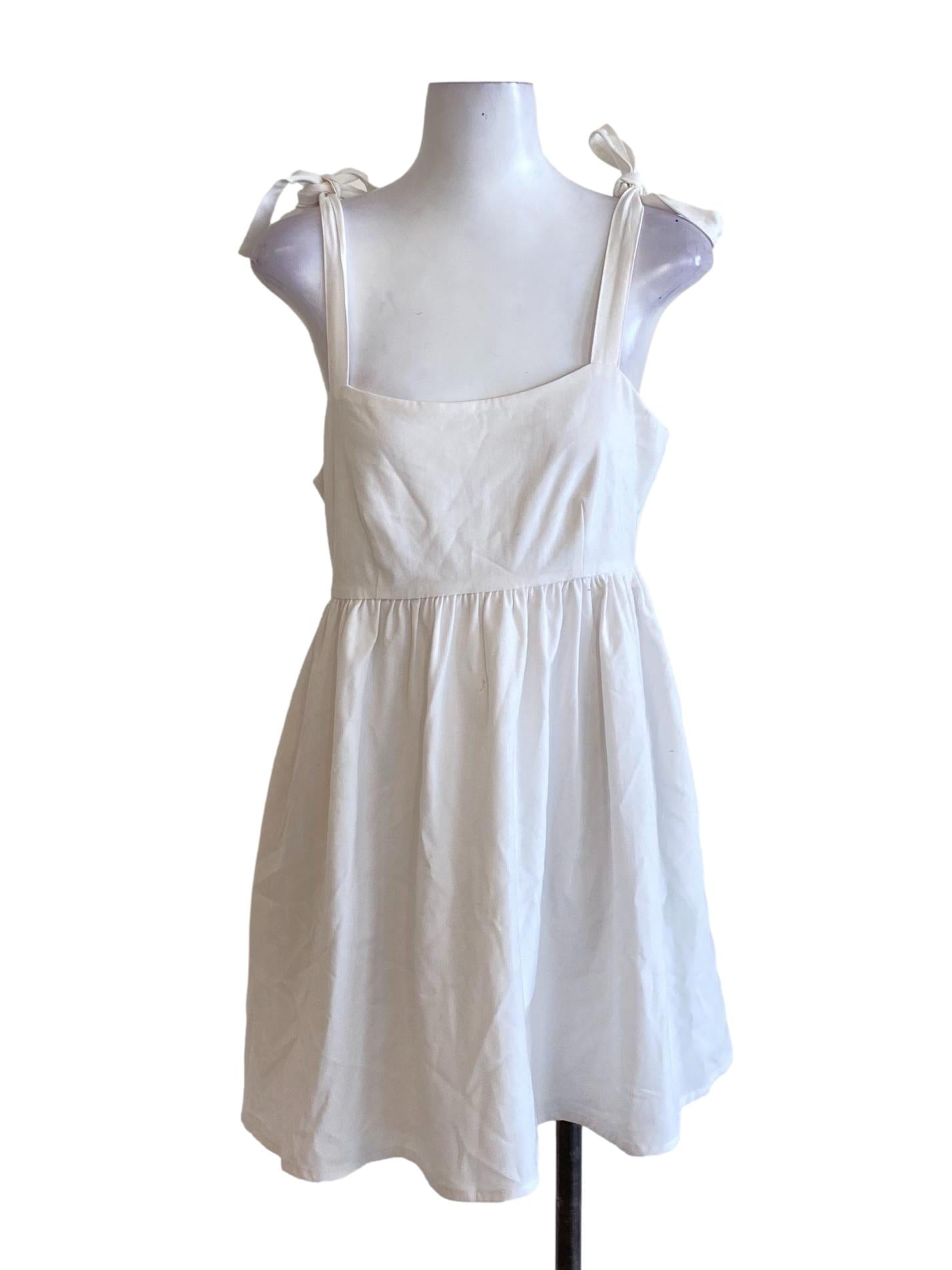 Soft White Square Neck Tie Strap A-Line Dress