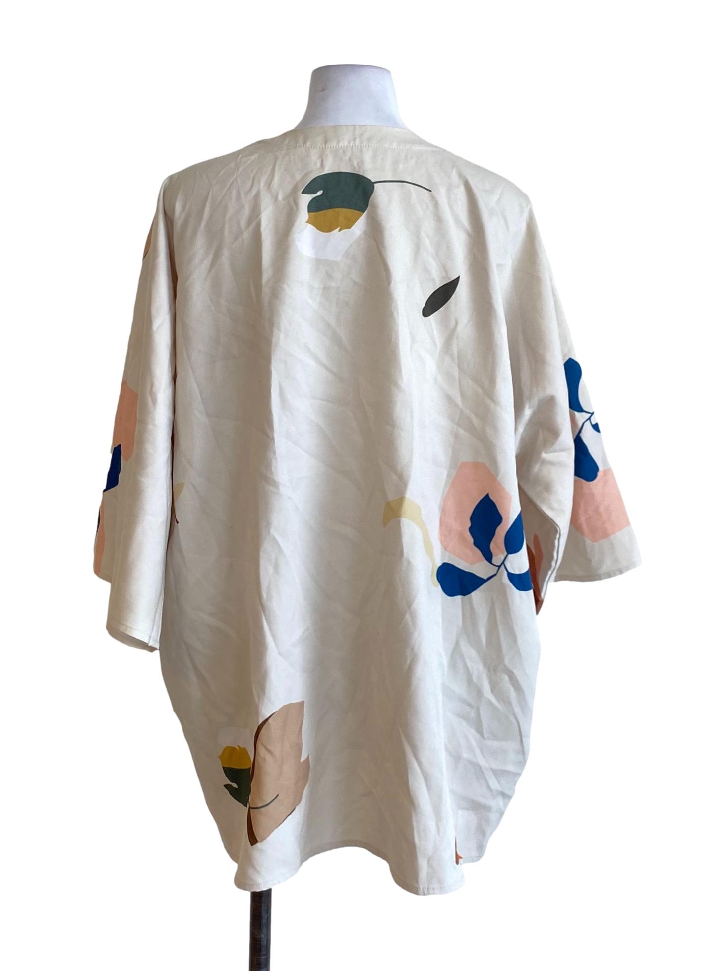 Beige Brown Floral Printed Buttonless Kimono Style Cardigan