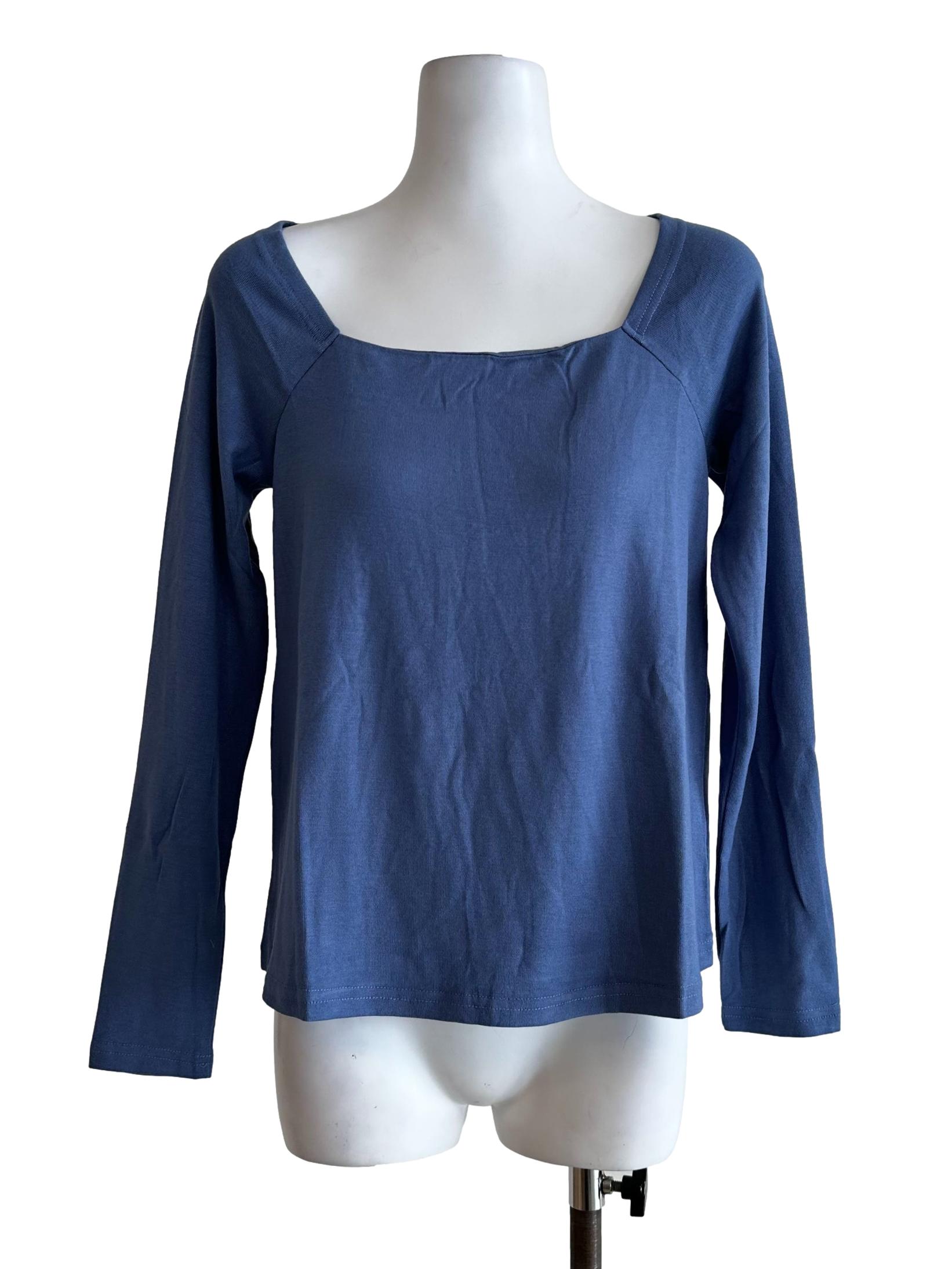 Blue Square Neck Long Sleeve Top