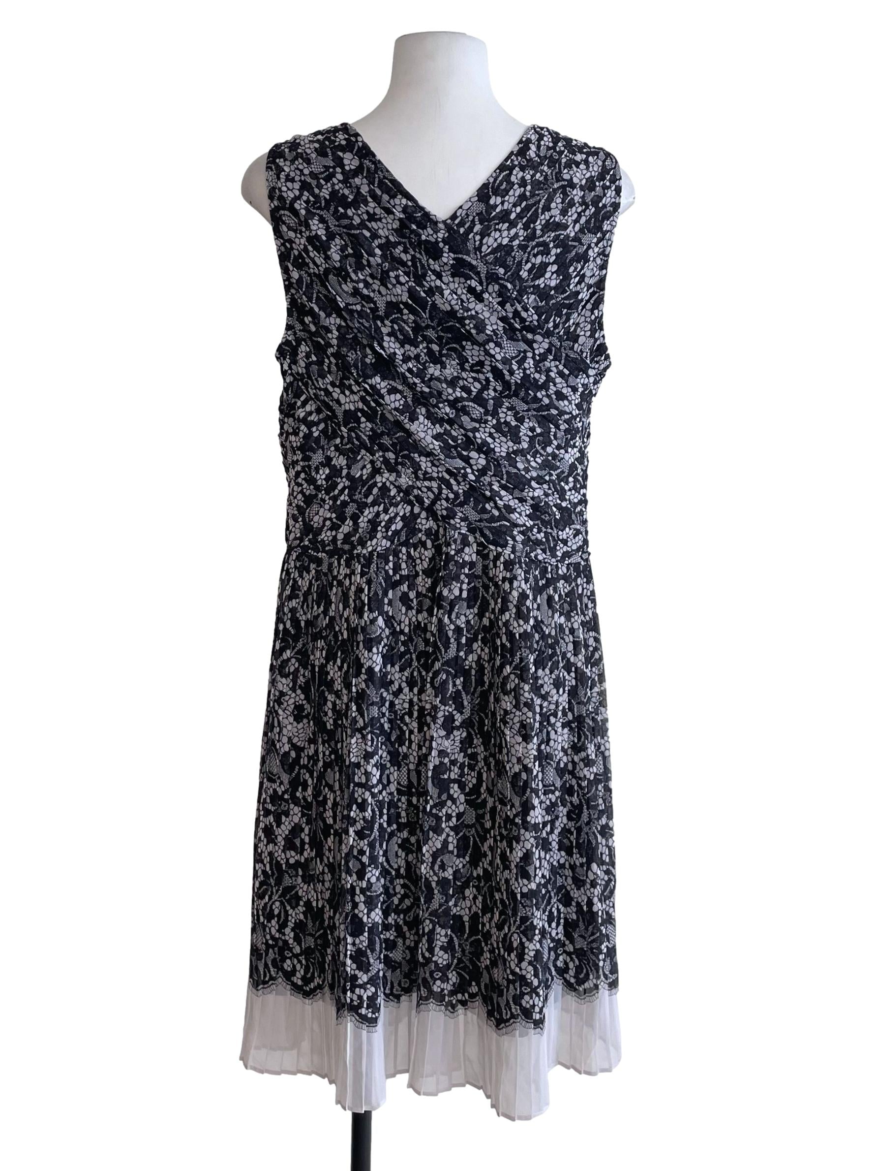 Charcoal Black Lace Print Pleated Dress