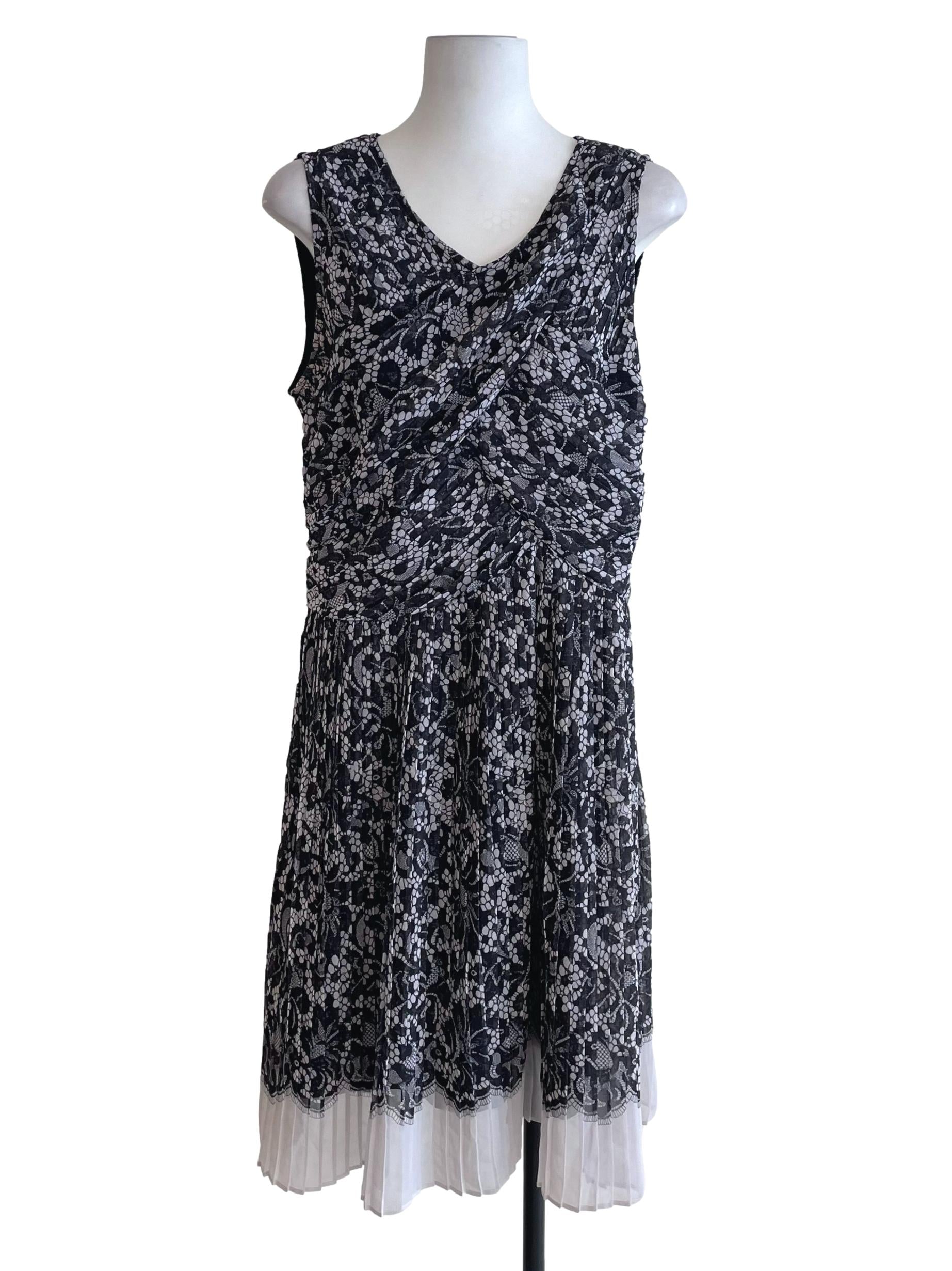 Charcoal Black Lace Print Pleated Dress