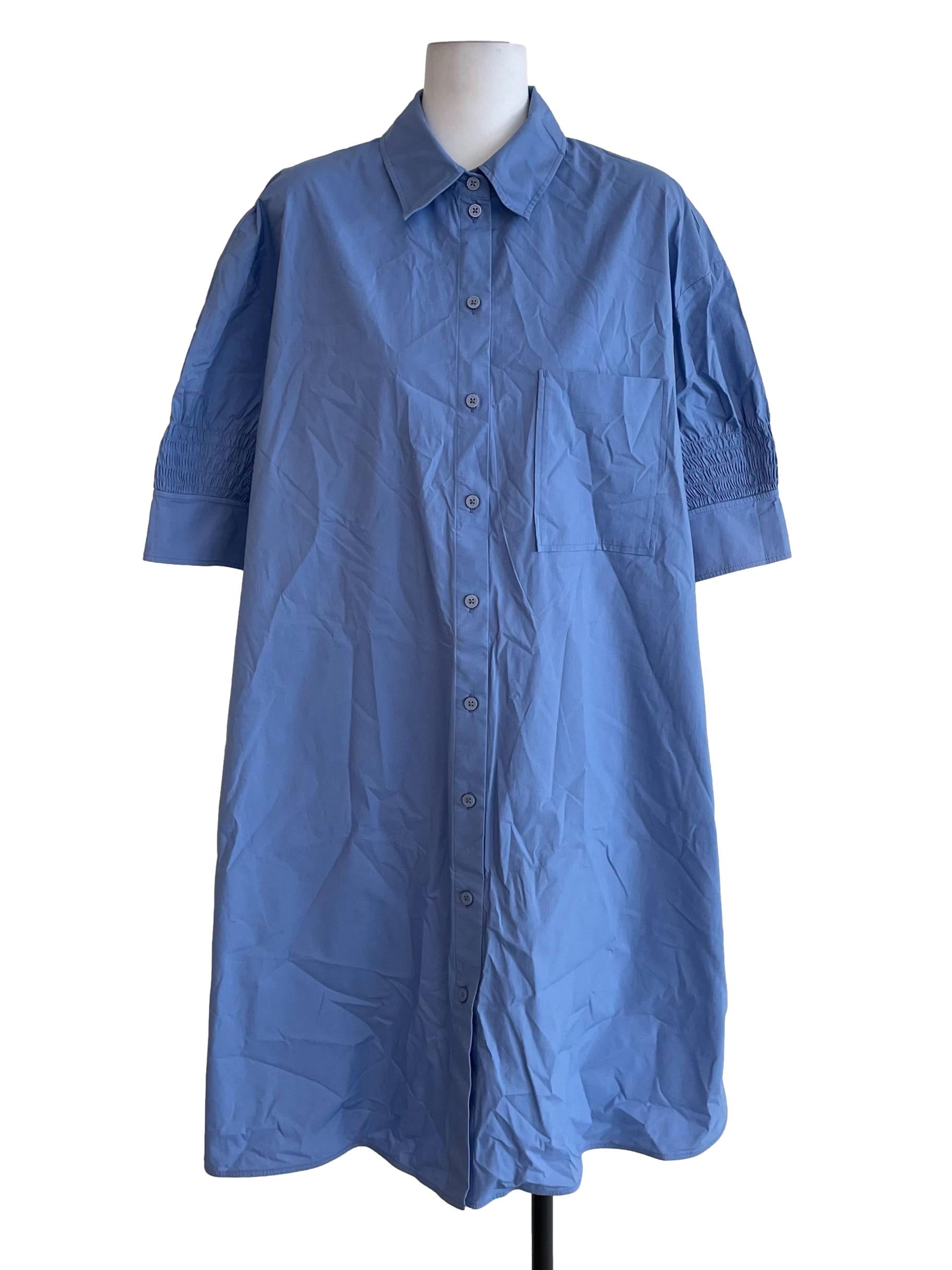 Cool Blue Shirred Sleeves Oversized Shirt Dress