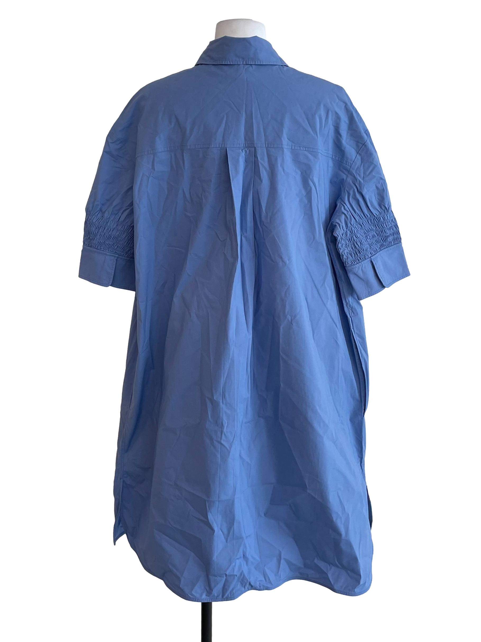 Cool Blue Shirred Sleeves Oversized Shirt Dress