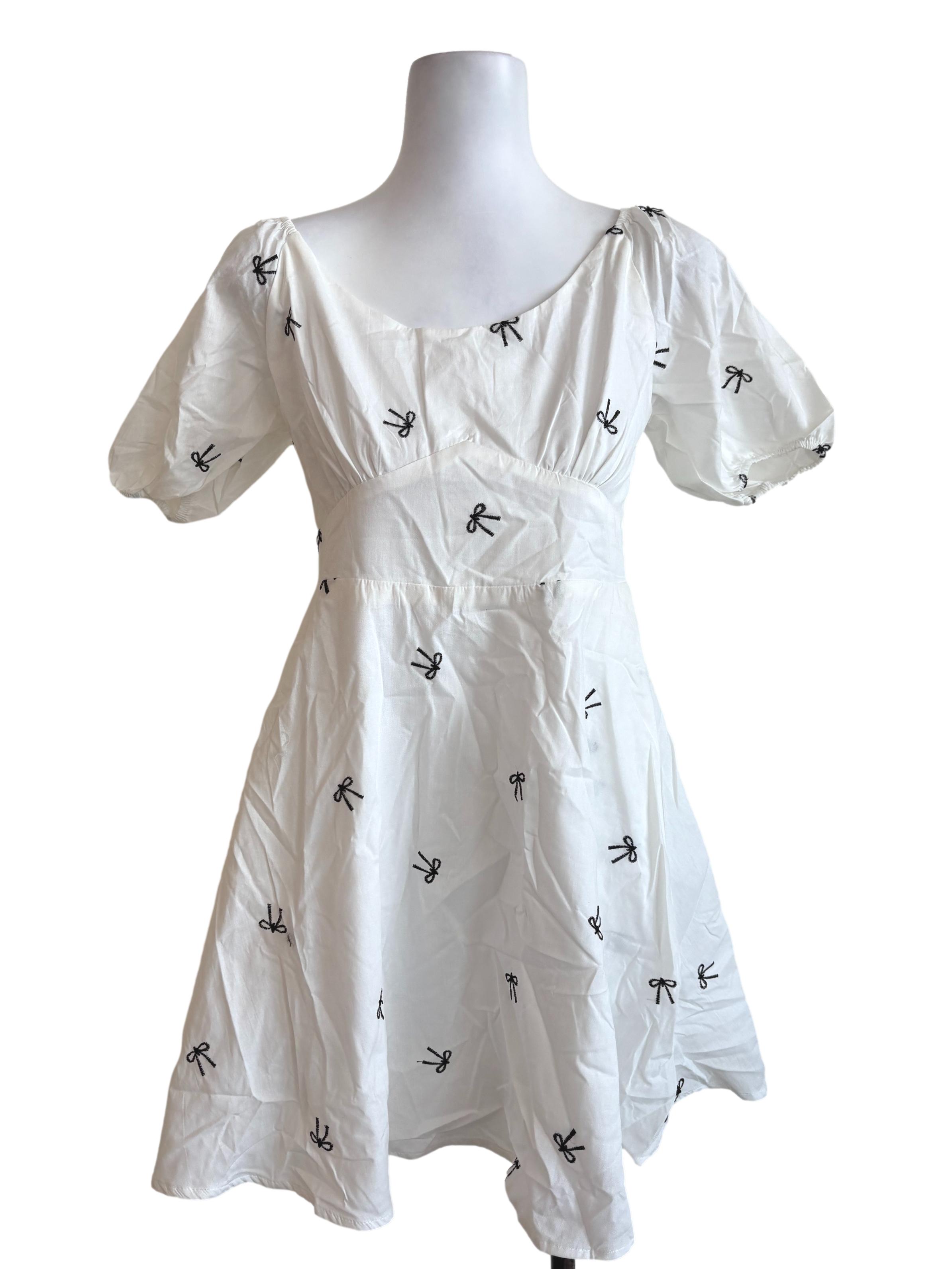 White Ribbon Embroidered Pattern Mini Dress