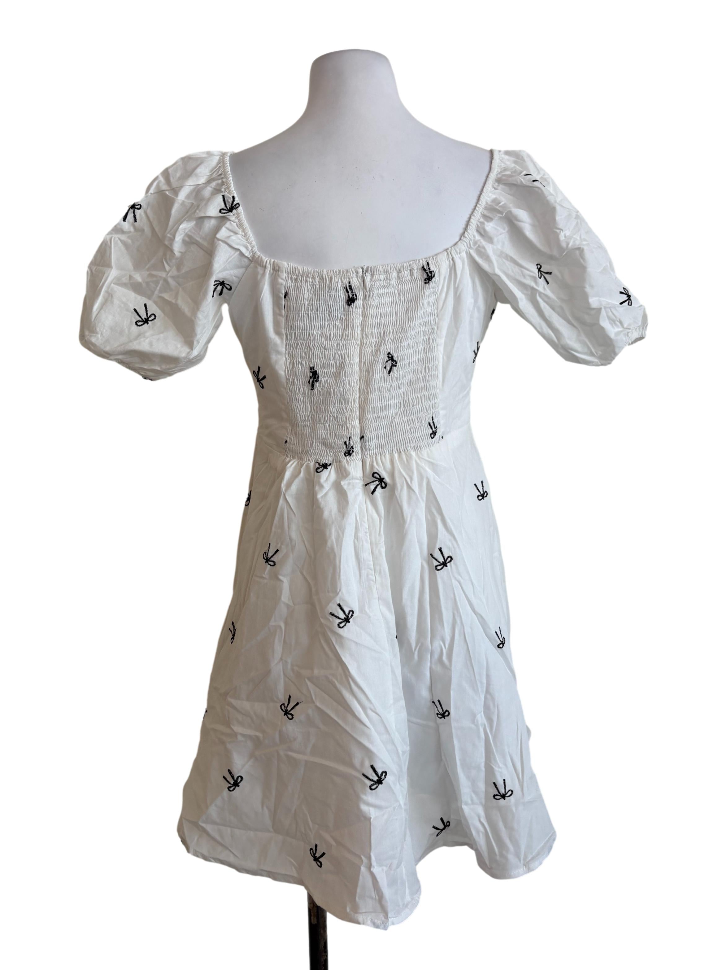 White Ribbon Embroidered Pattern Mini Dress