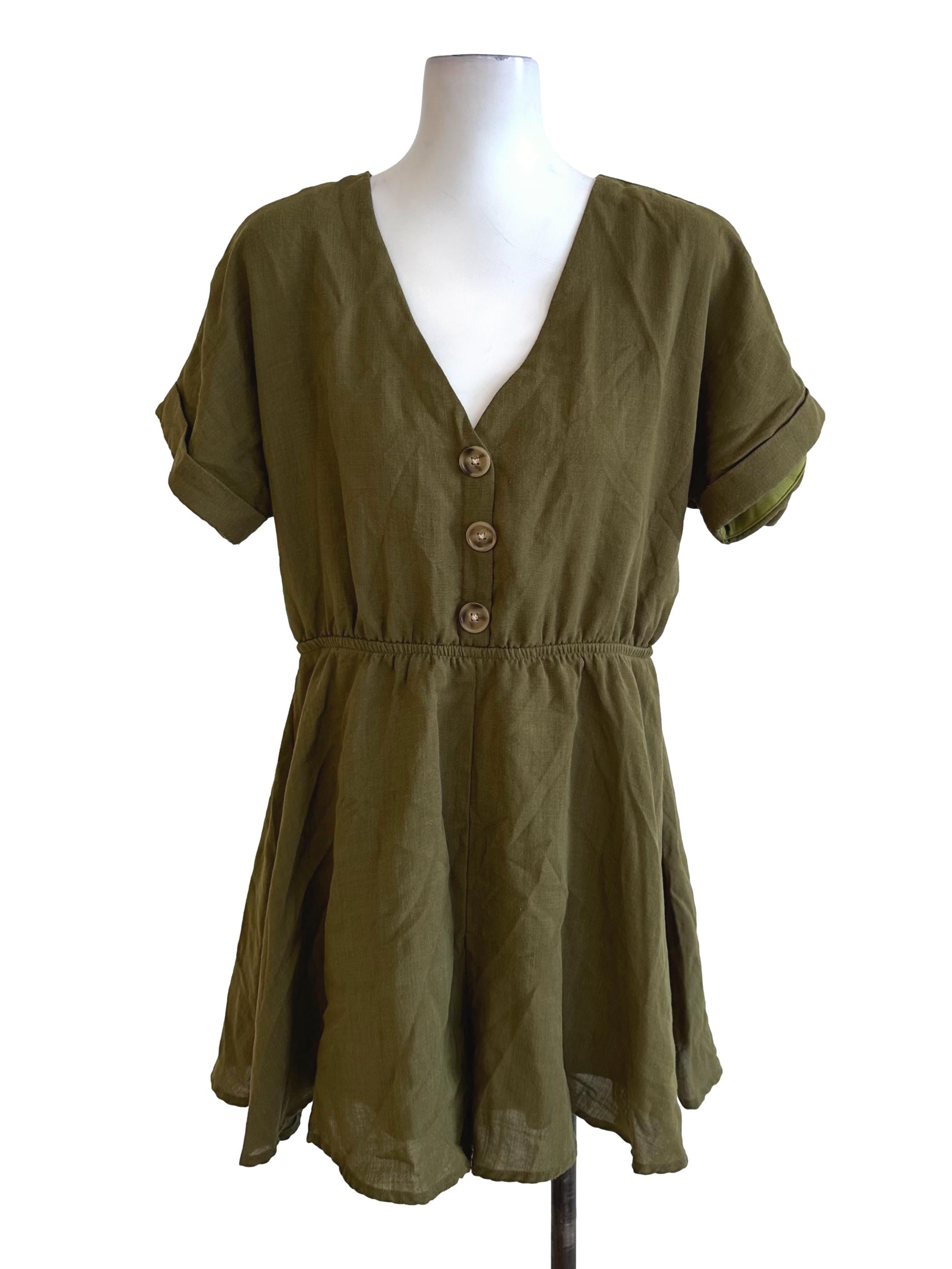Olive Green V Neck Button Rompers TTR