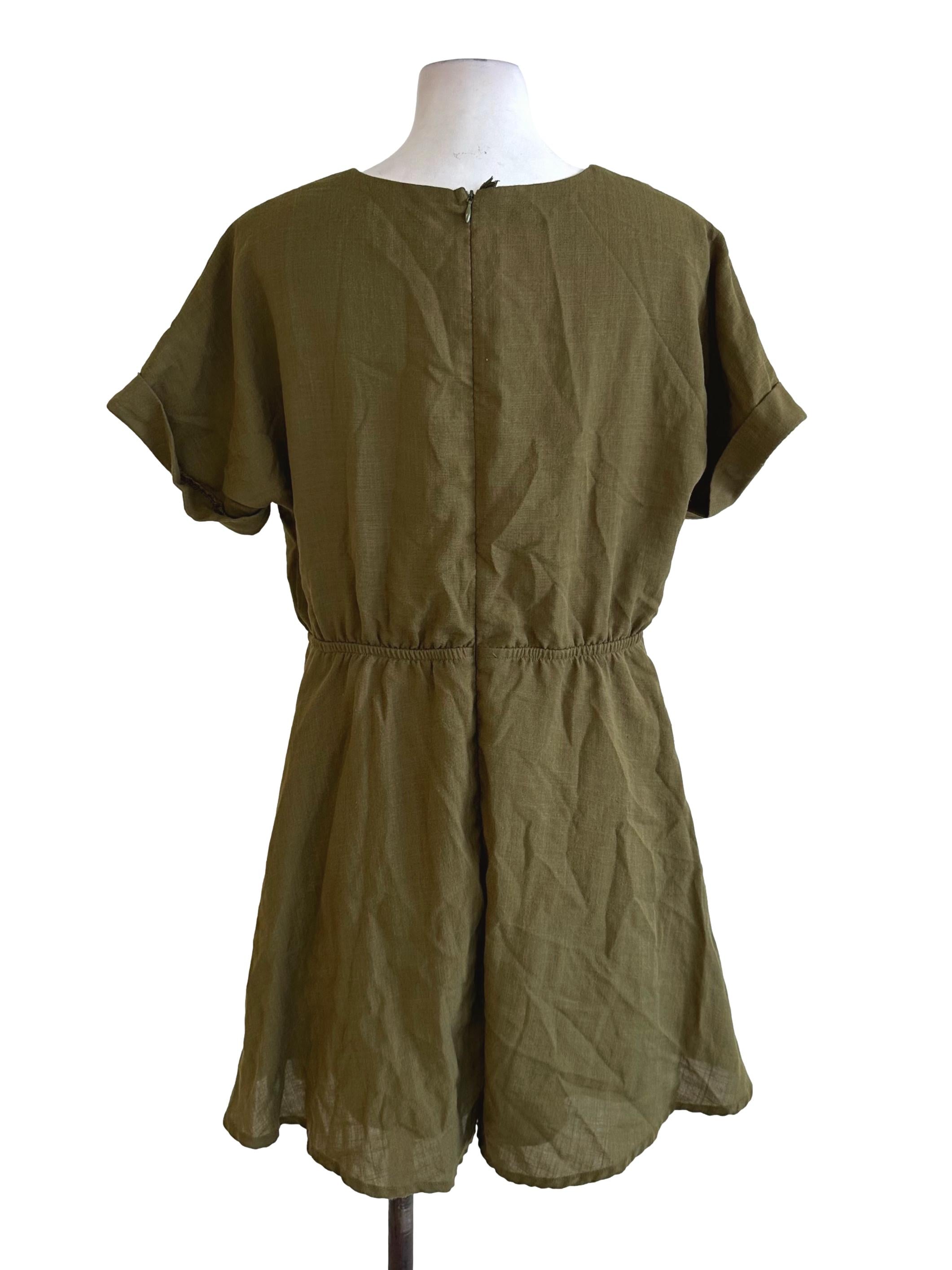 Olive Green V Neck Button Rompers TTR