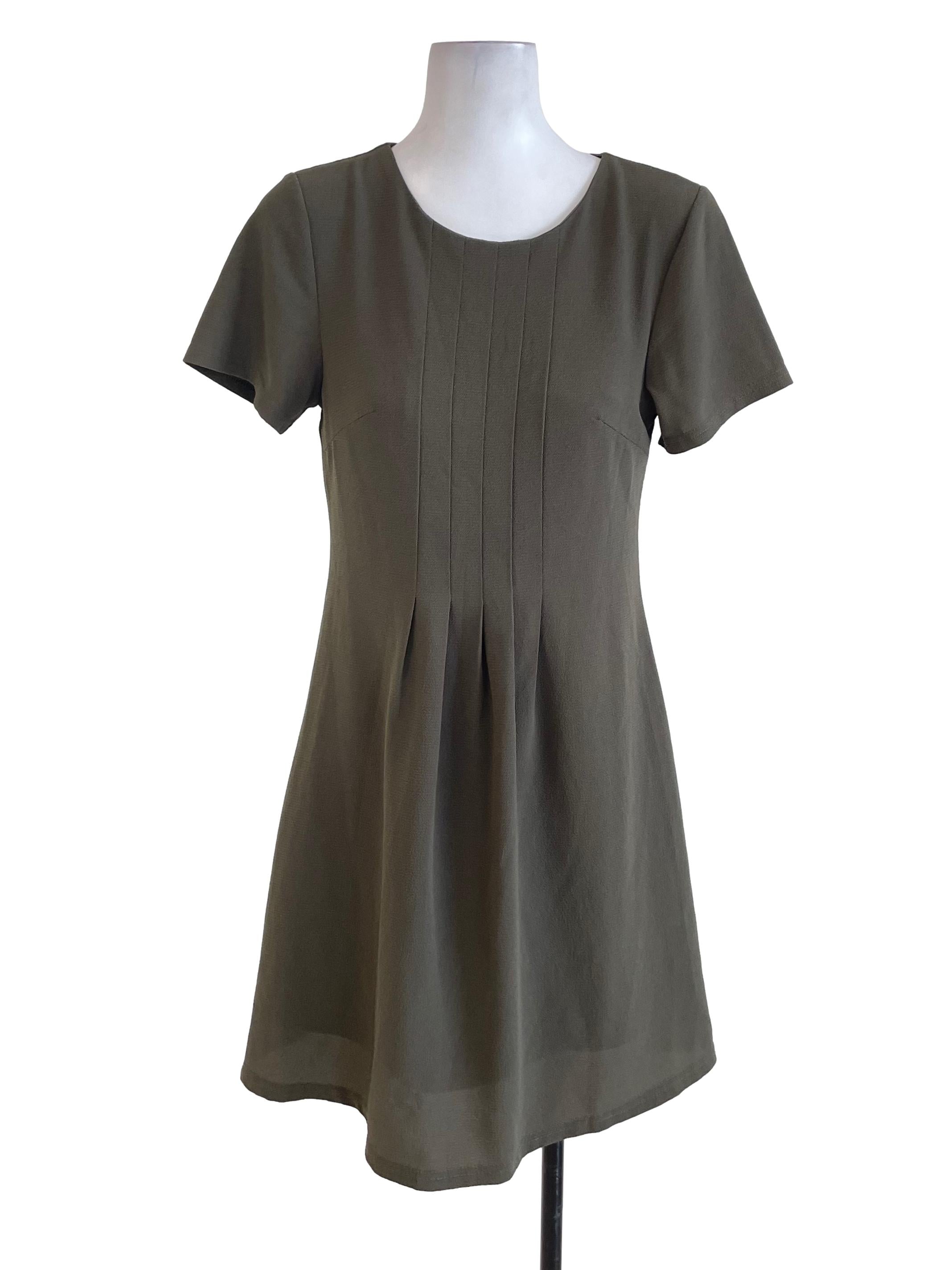 The Stage Walk Crocodile Green Textured Pleated Dress | REFASH