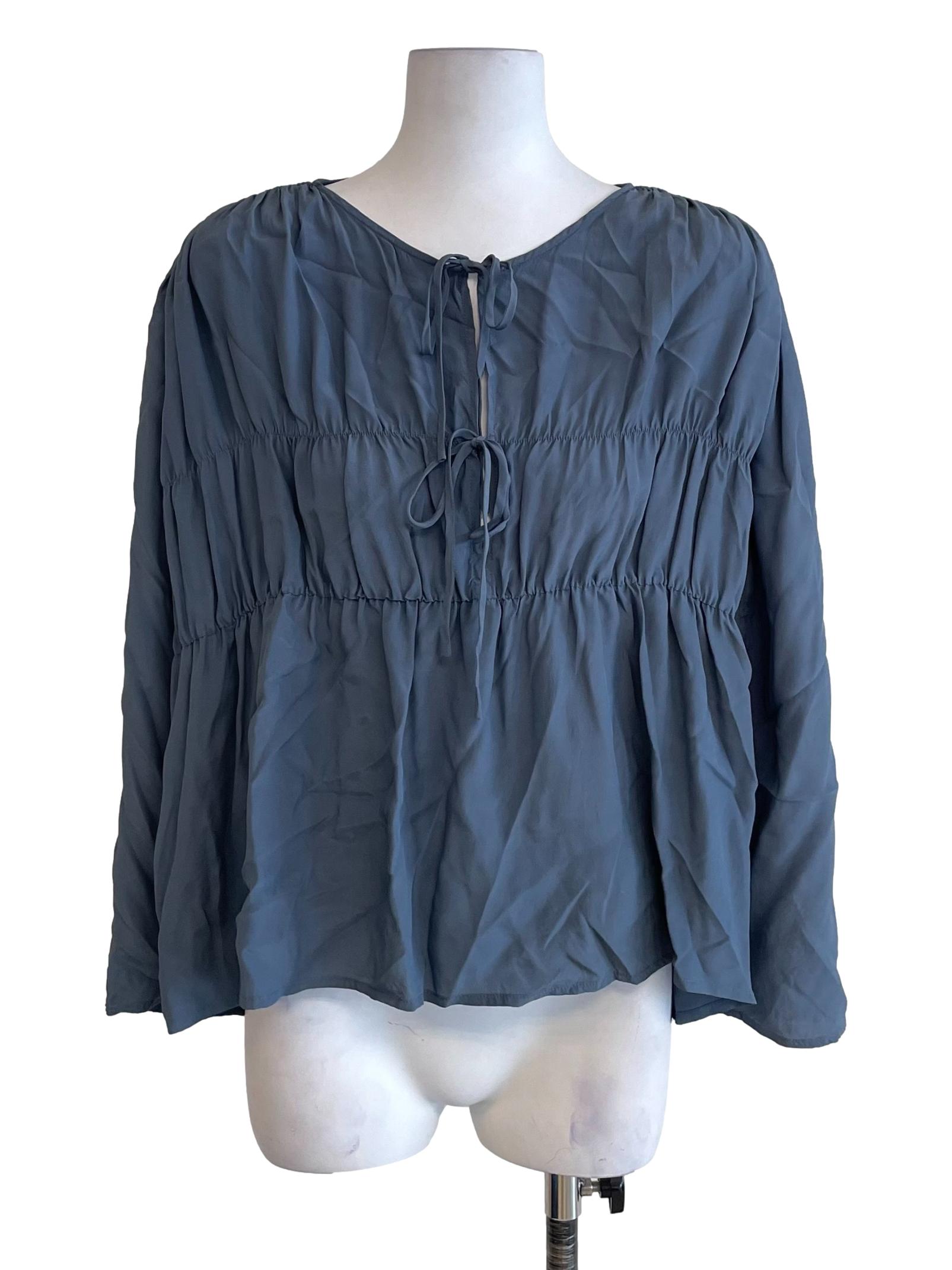 Stone Blue Grey Ruched Peasant Top