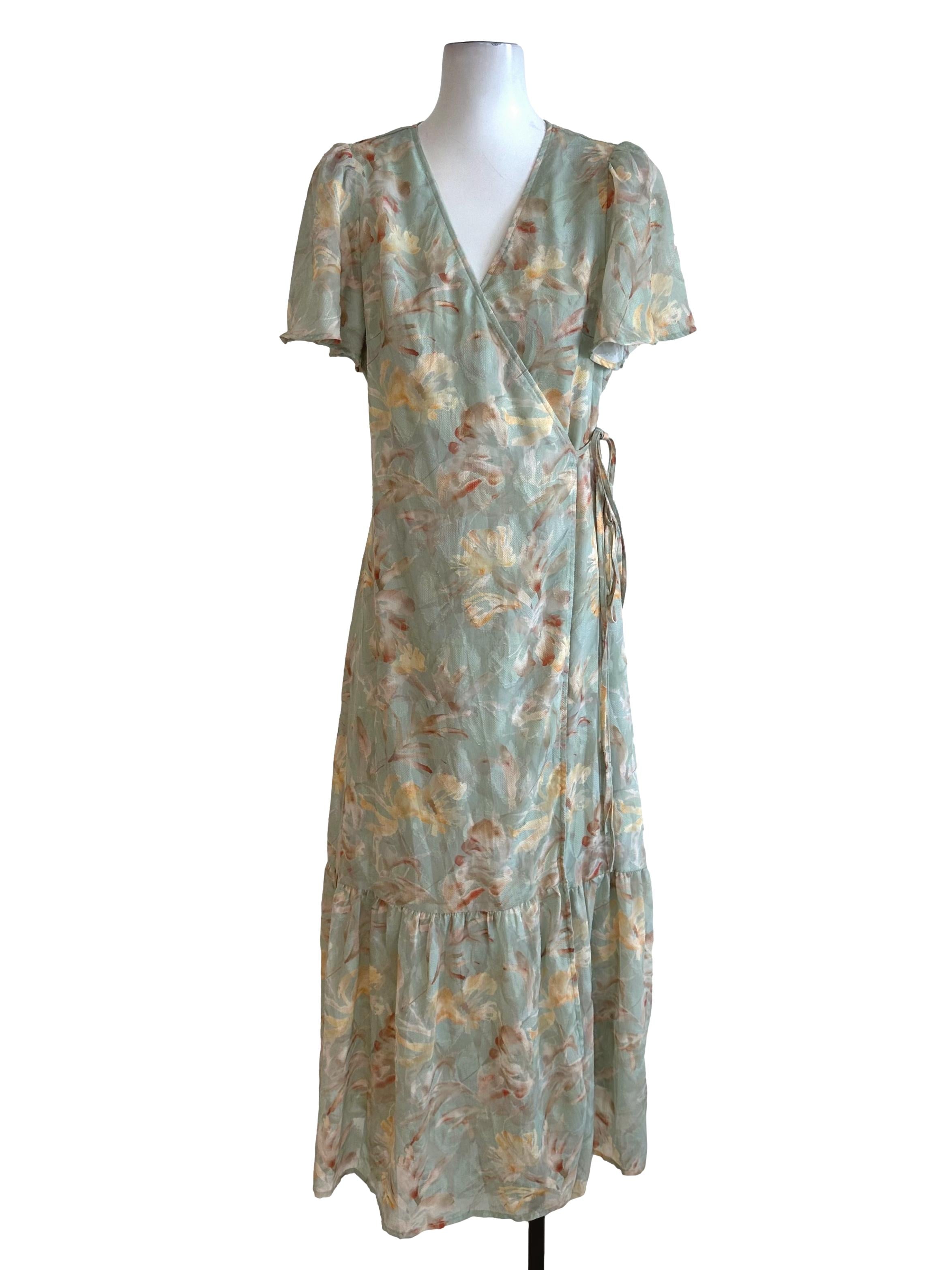 Sage Green Pattern V Neck Wrap Dress