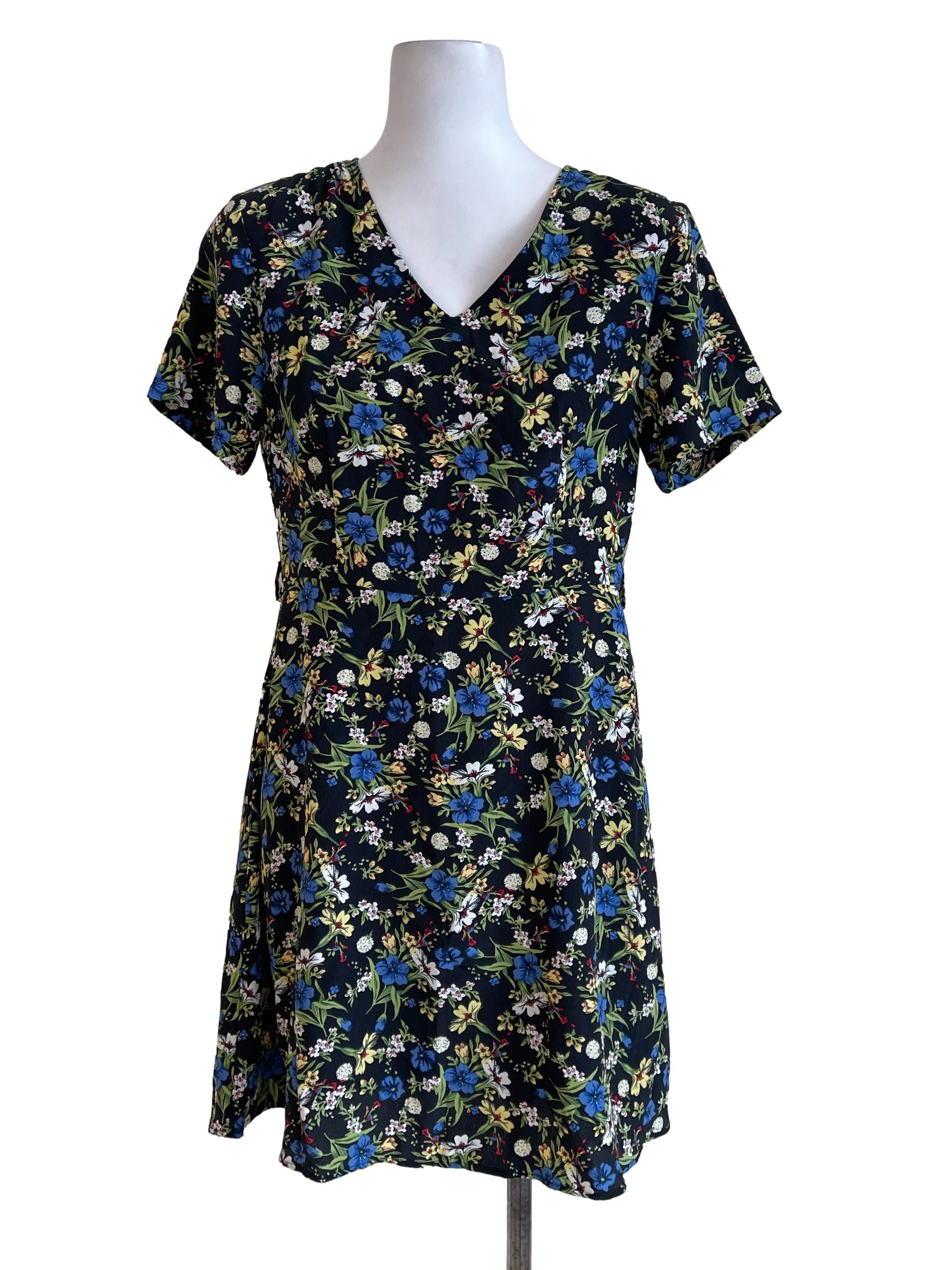 Black Flower Blue Dress
