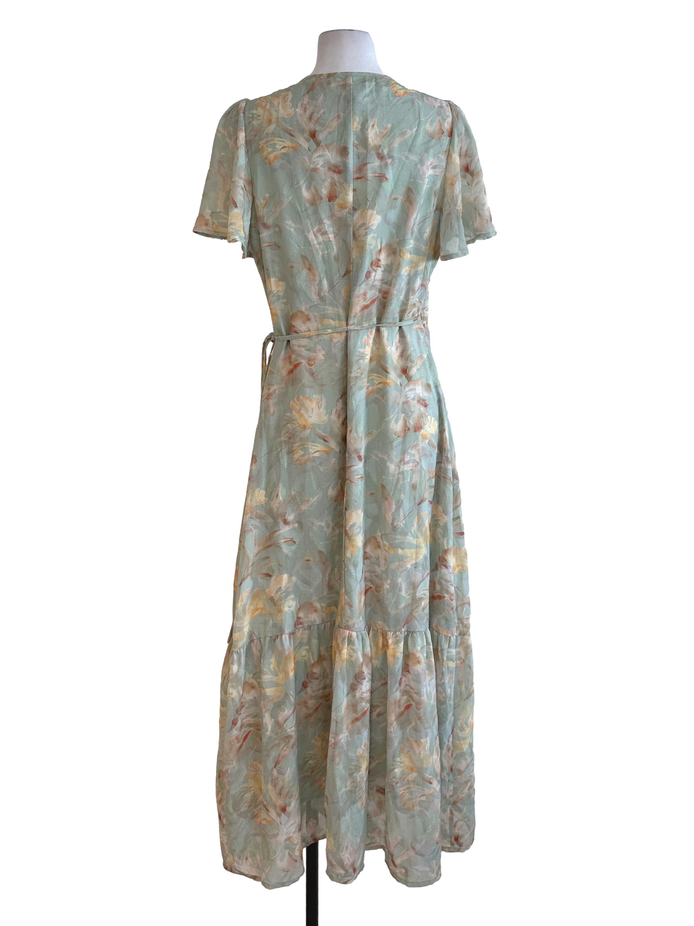 Sage Green Pattern V Neck Wrap Dress