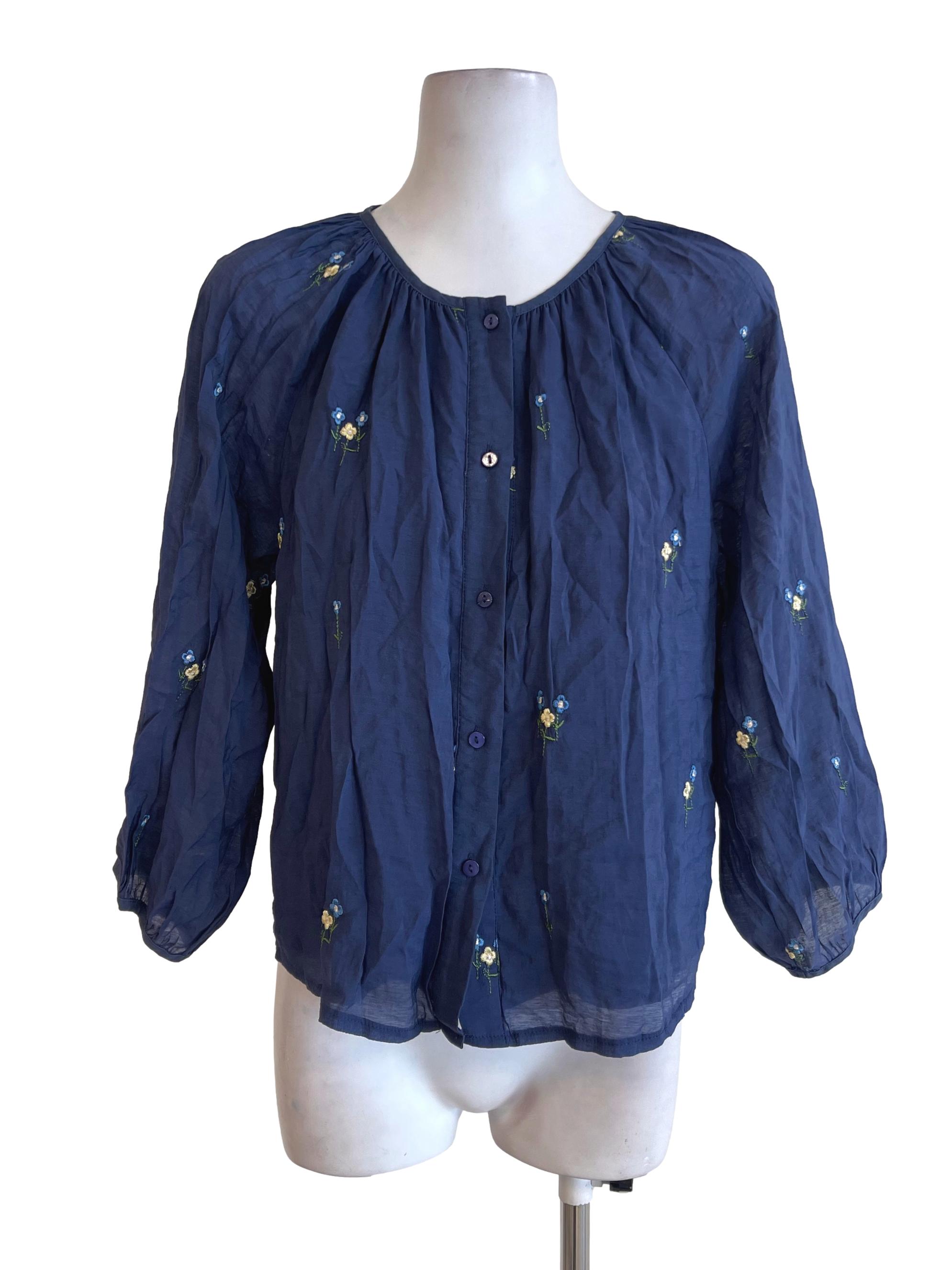 Navy Blue Floral Embroidered Button Down Top